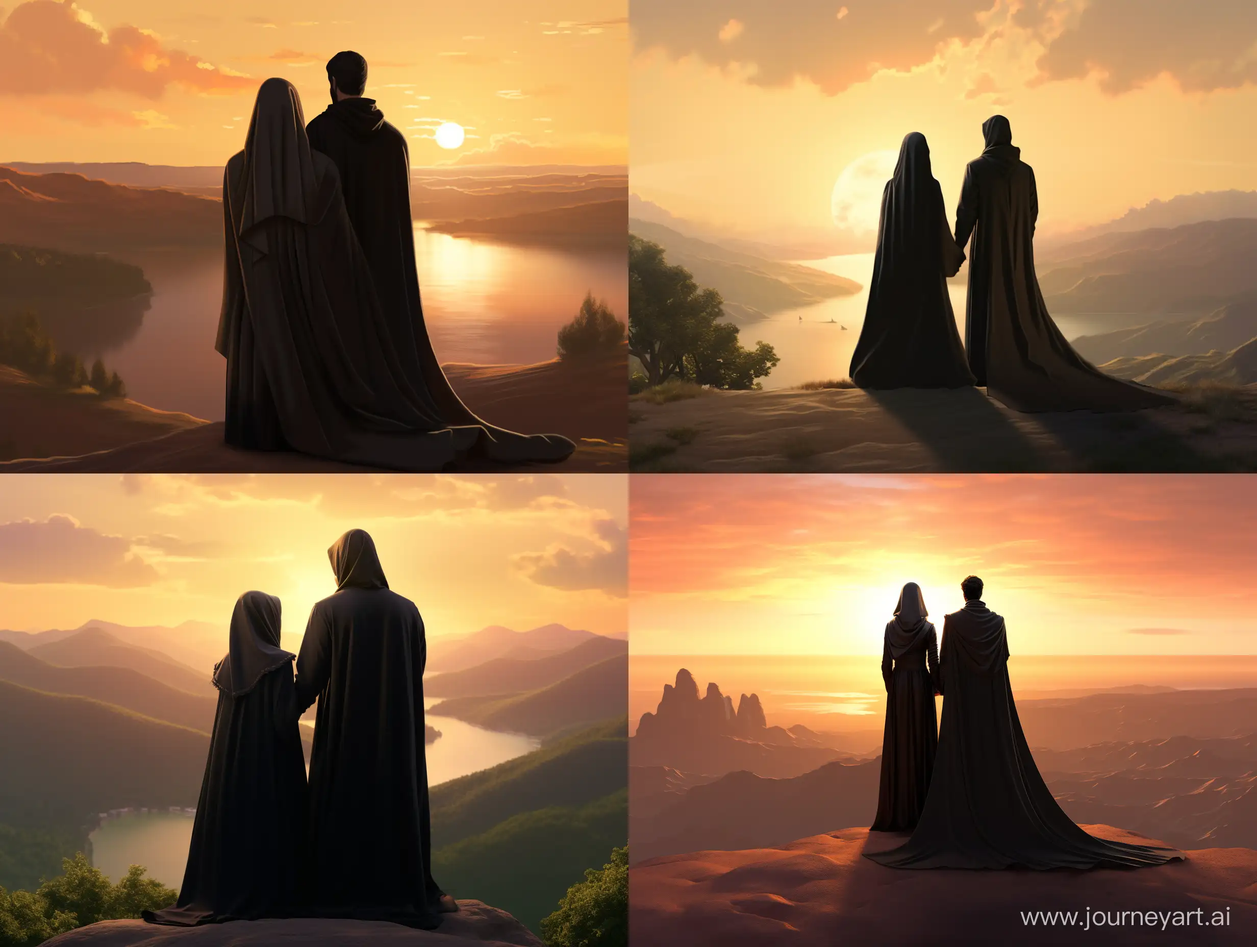 3D animasi, 
Create a woman wear black abaya and hijab , hugging husband wear white abaya. Enjoying  sunset and nature from top of the hills
Look from backside. 8K HD