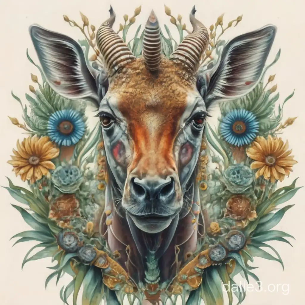 Portraits of African animals. horror, epic, fabulous, hyperrealism, microdetalization, surreal, fine drawing of details, transparent watercolor, clear contour, aesthetics, stardust, incredible landscape, dark botanic, dark fantasy, multicolor, detailed, 3d, threads, fibers, engraving, color illustration, starry sky map, glitter, beautiful giraffe made of fractals of fire, water and smoke, in full growth