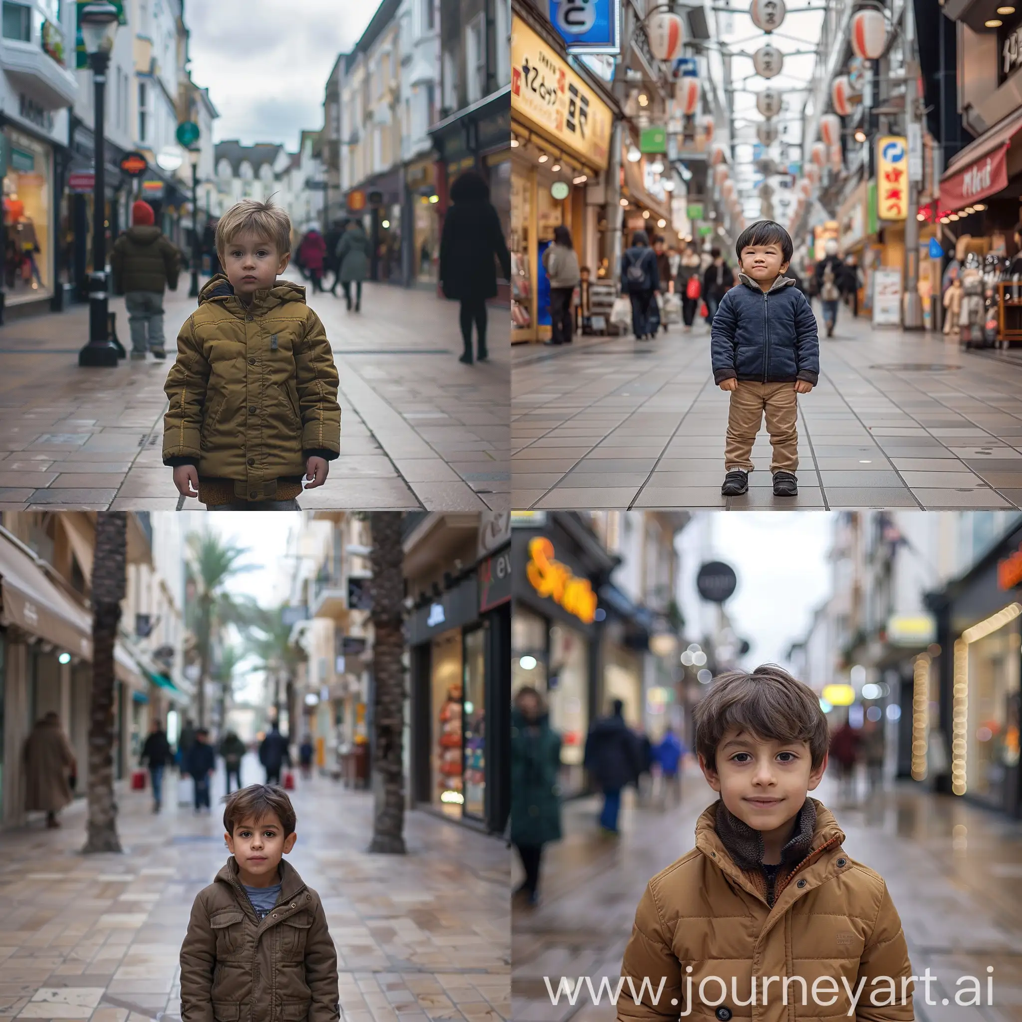 a young boy in the middle of a shopping street