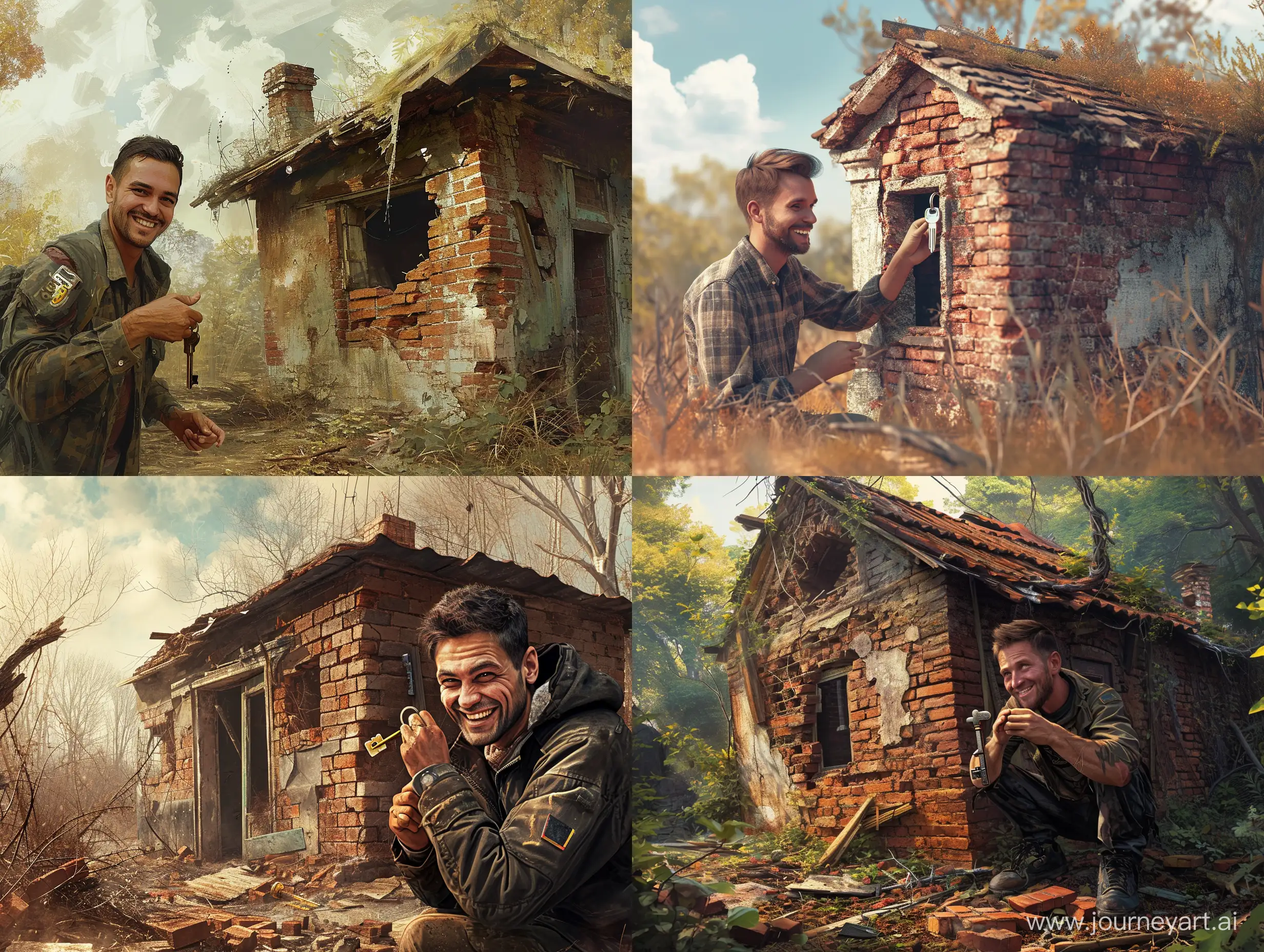 A 30 year old guy smiling and holding a key in front of a small, old and destroyed brick shack, Photo-realistic, --v 6