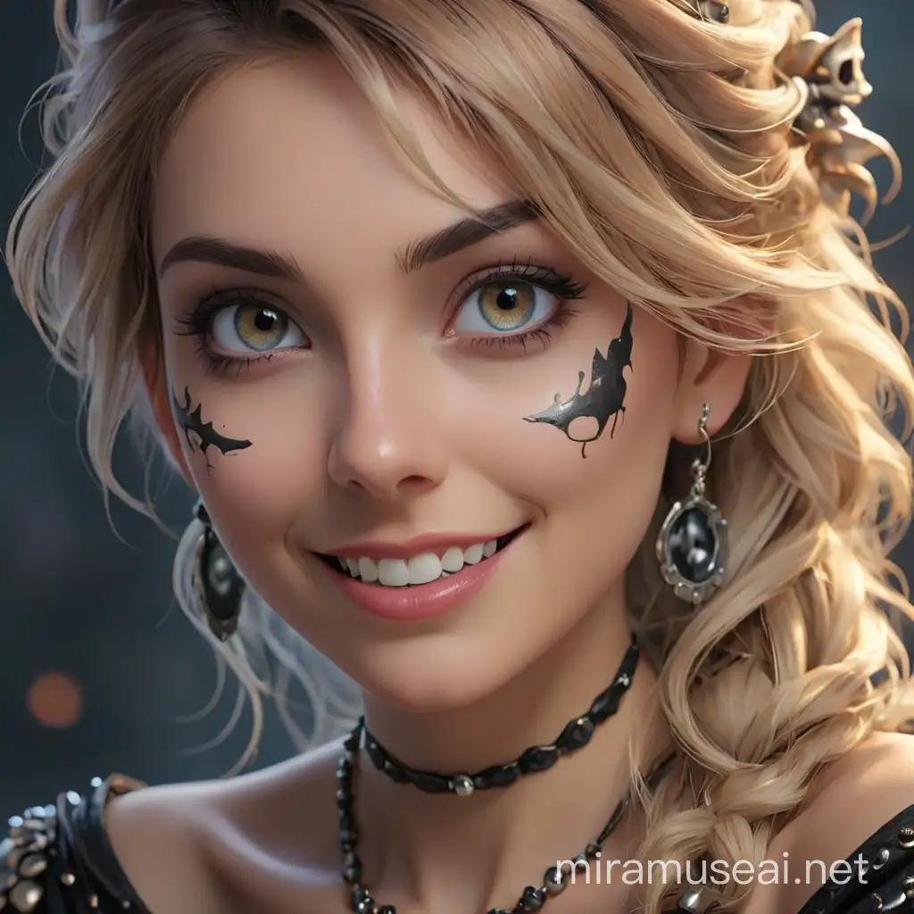 Enigmatic Woman Wearing Skull Contact Lenses with a Mysterious Smile