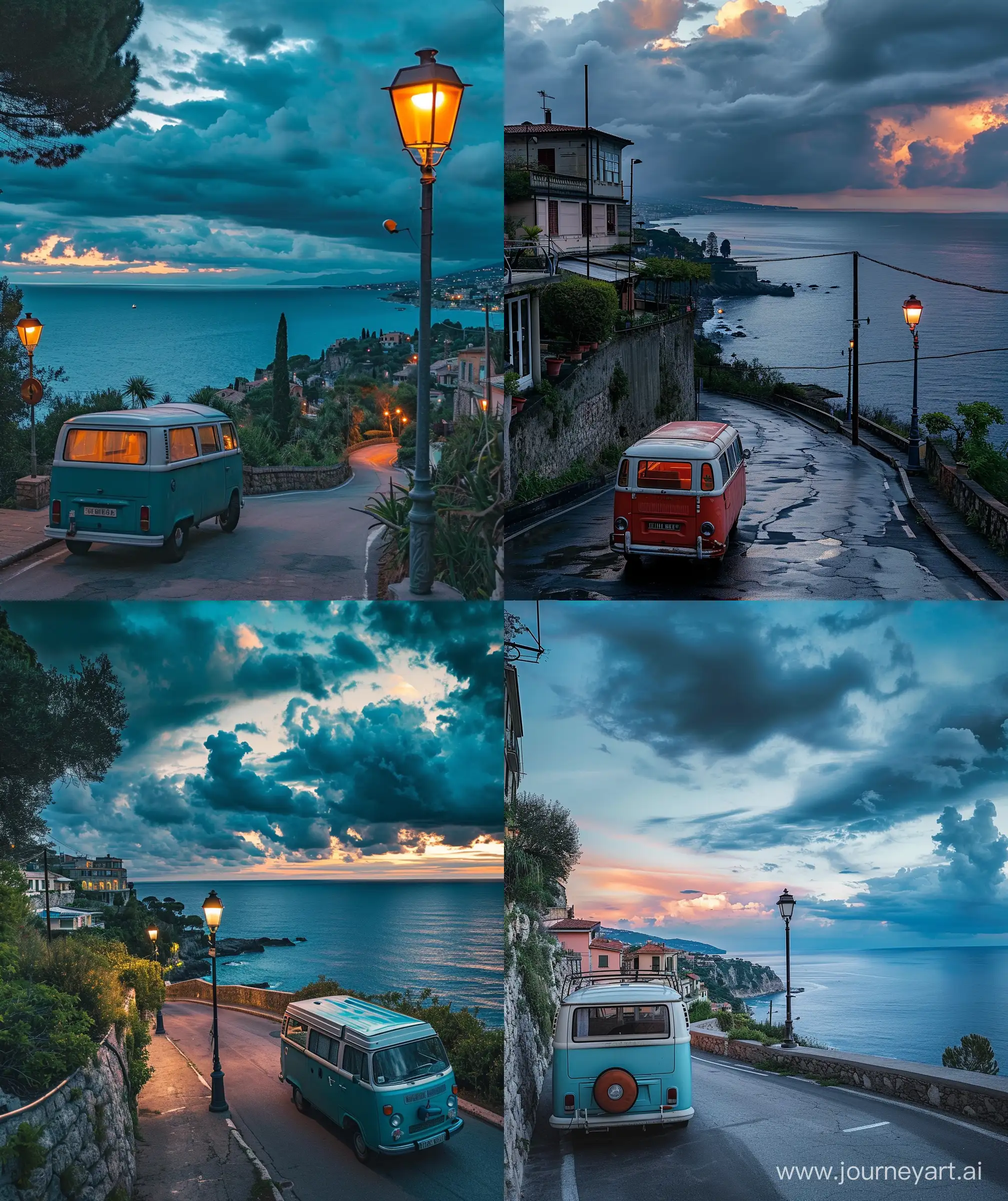 Beautiful vintage van paused on coastal road,italian Riviera, downtown, Bougainville, ocean, house around , coastal, pavement road, lamp post, day to night Verious time picture, clouds ,high quality, --ar 27:32  --v 6.0