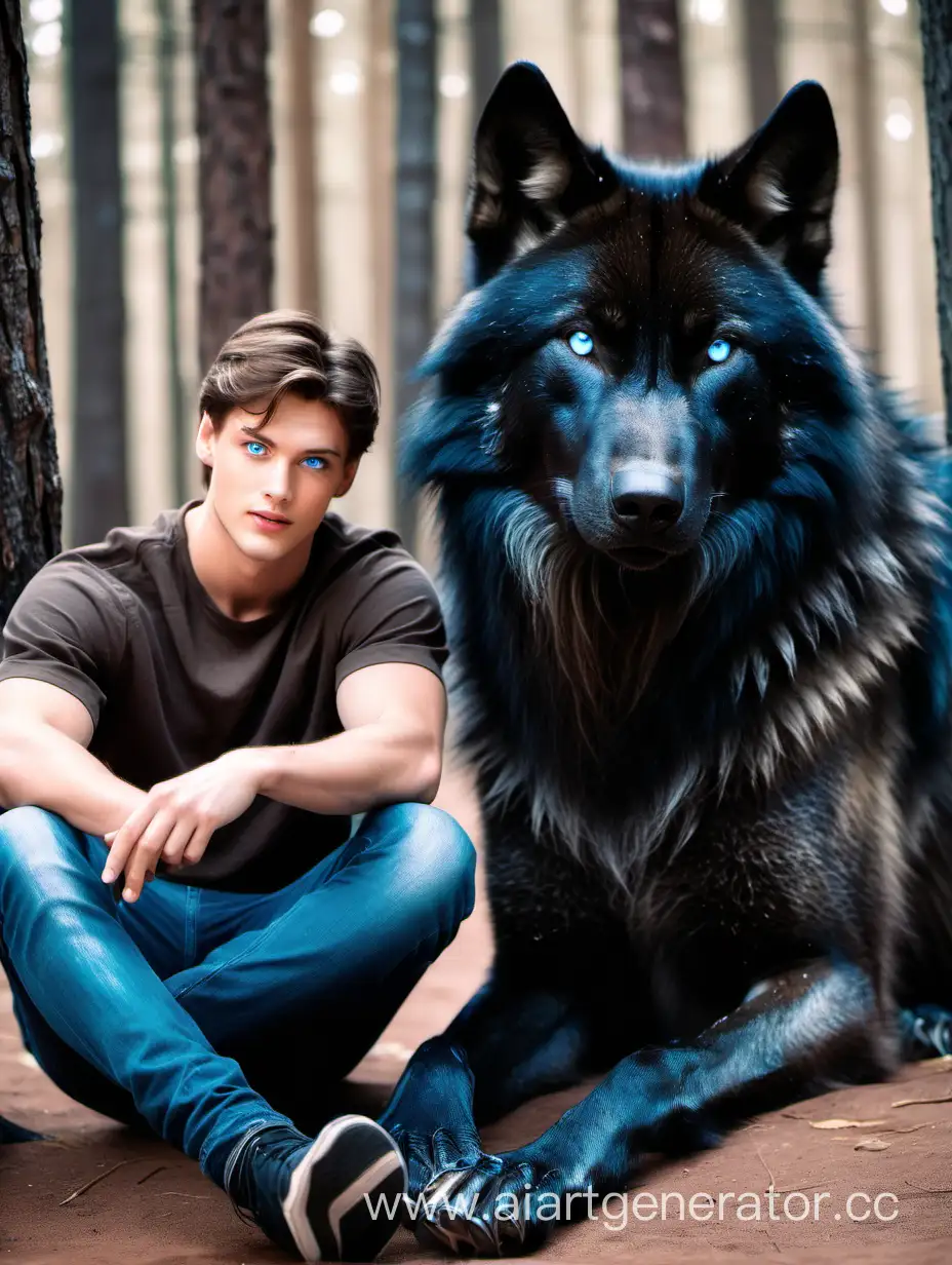 A guy with brown hair and blue eyes is sitting next to a big black wolf