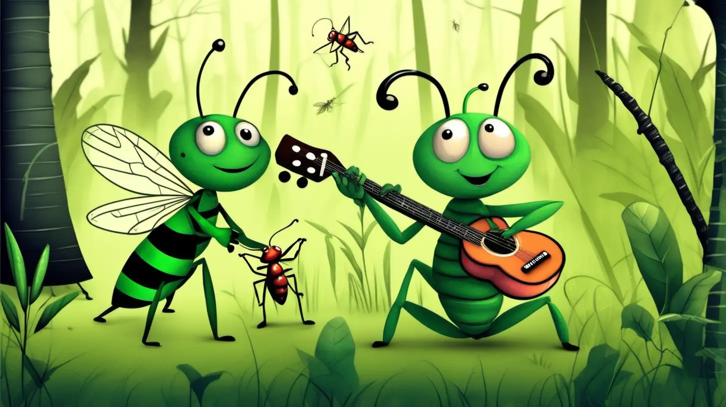 Enchanting Forest Harmony Whimsical Tale of Musical Grasshopper and Industrious Ant