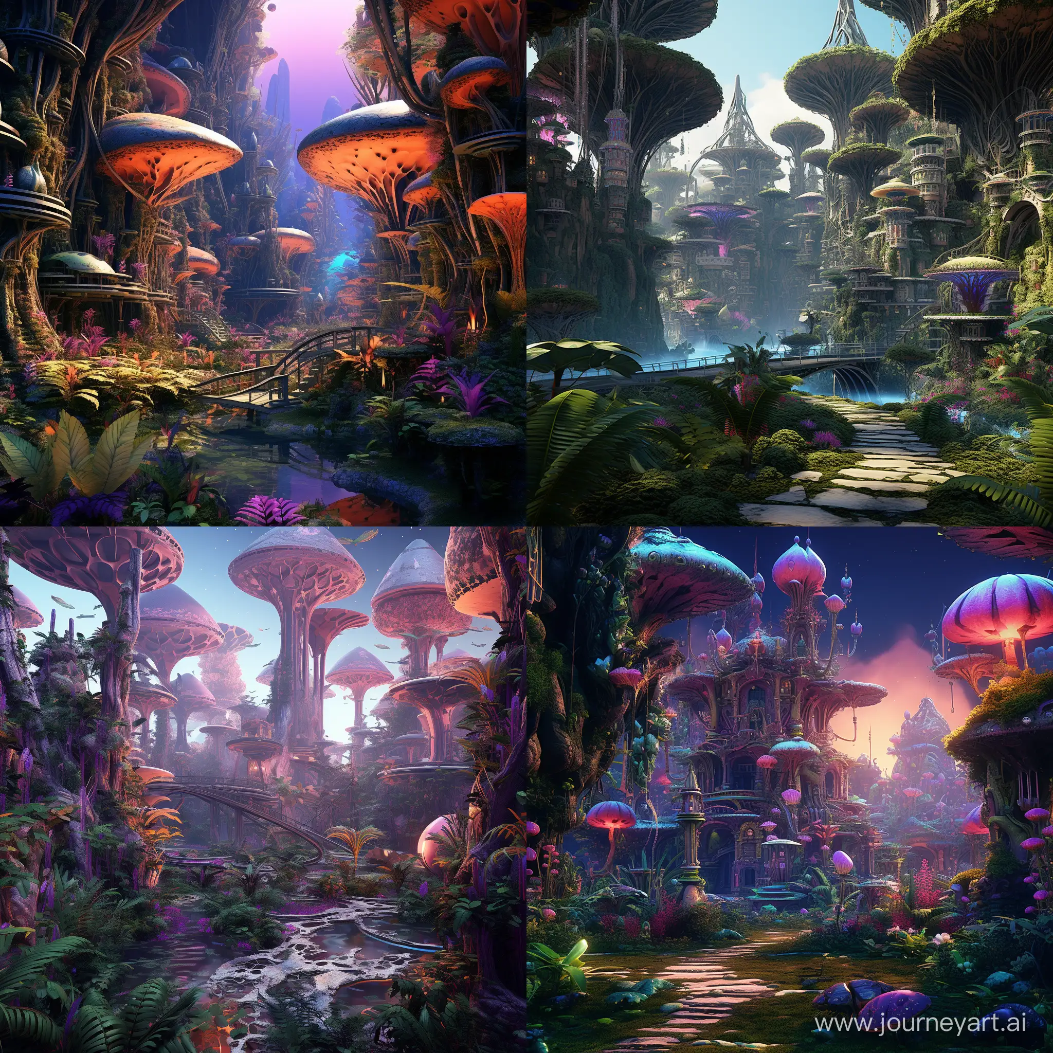 alien village in an alien tropical forest, on an alien planet, ultraphotorealistic, ambient occlusion lighting alien, otherworldly, enchanted, fantasy, futuristic, outlandish, whimsical, trippy, imagination, psychedelic colors, mysterious fantasticalfractal,microfractalpunk,ultraenergypunk,fractalneonpunk, in flat style,
