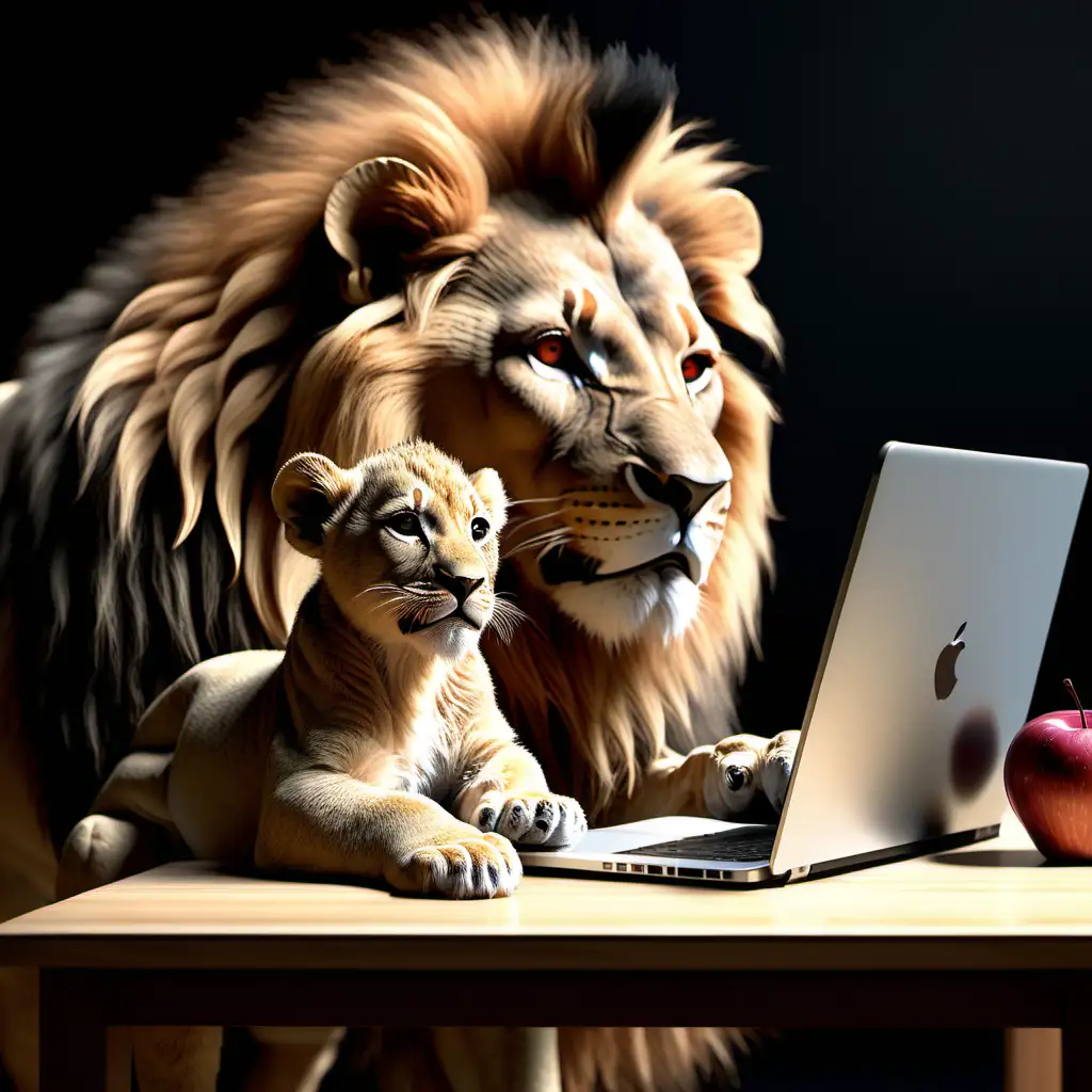 /imagine prompt: A detailed image capturing a mature lion and a young cub side by side at a small table, gazing at an Apple laptop. Their expressions are of curiosity and concentration, with the laptop's Apple logo visible from behind. Created Using: intricate animal expressions, realistic fur rendering, modern gadget depiction, subtle room lighting, dynamic shadow play, natural color palette, focused attention detail, interactive posture --ar 16:9 --v 6.0