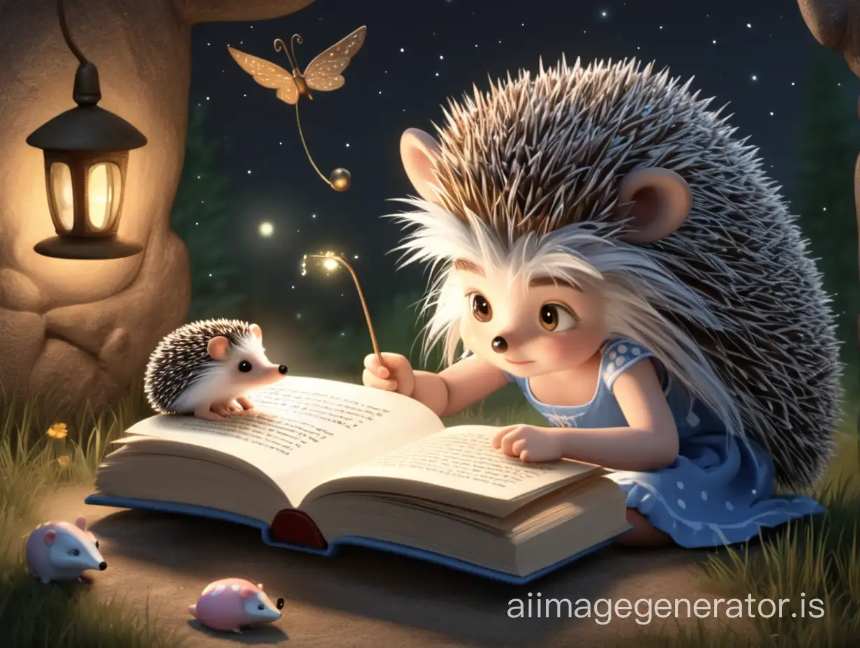 Hedgehog girl reads a fairy tale for the night