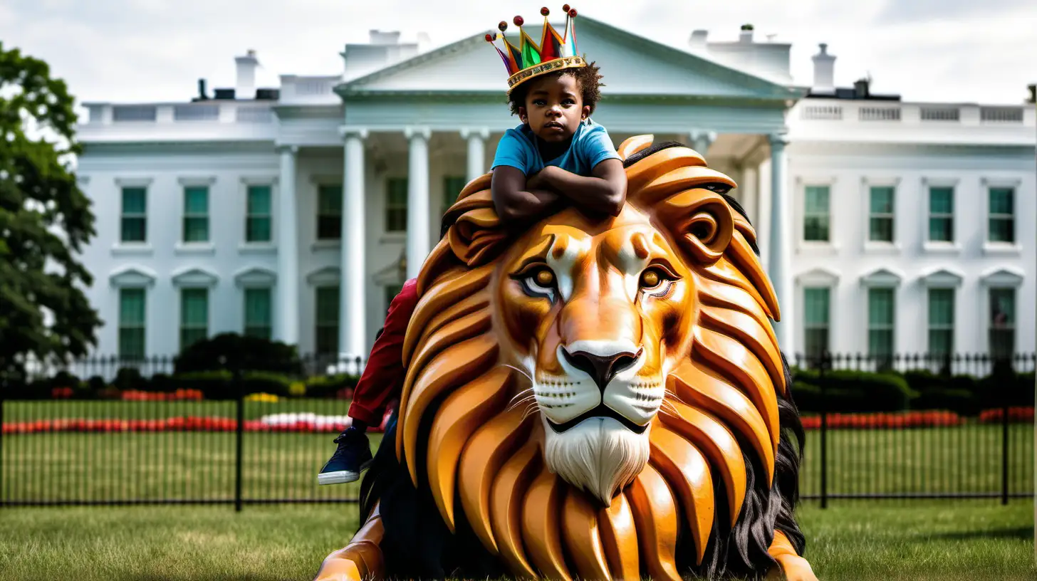 Abstract Black American Boy Riding Colorful Lion in Front of White House