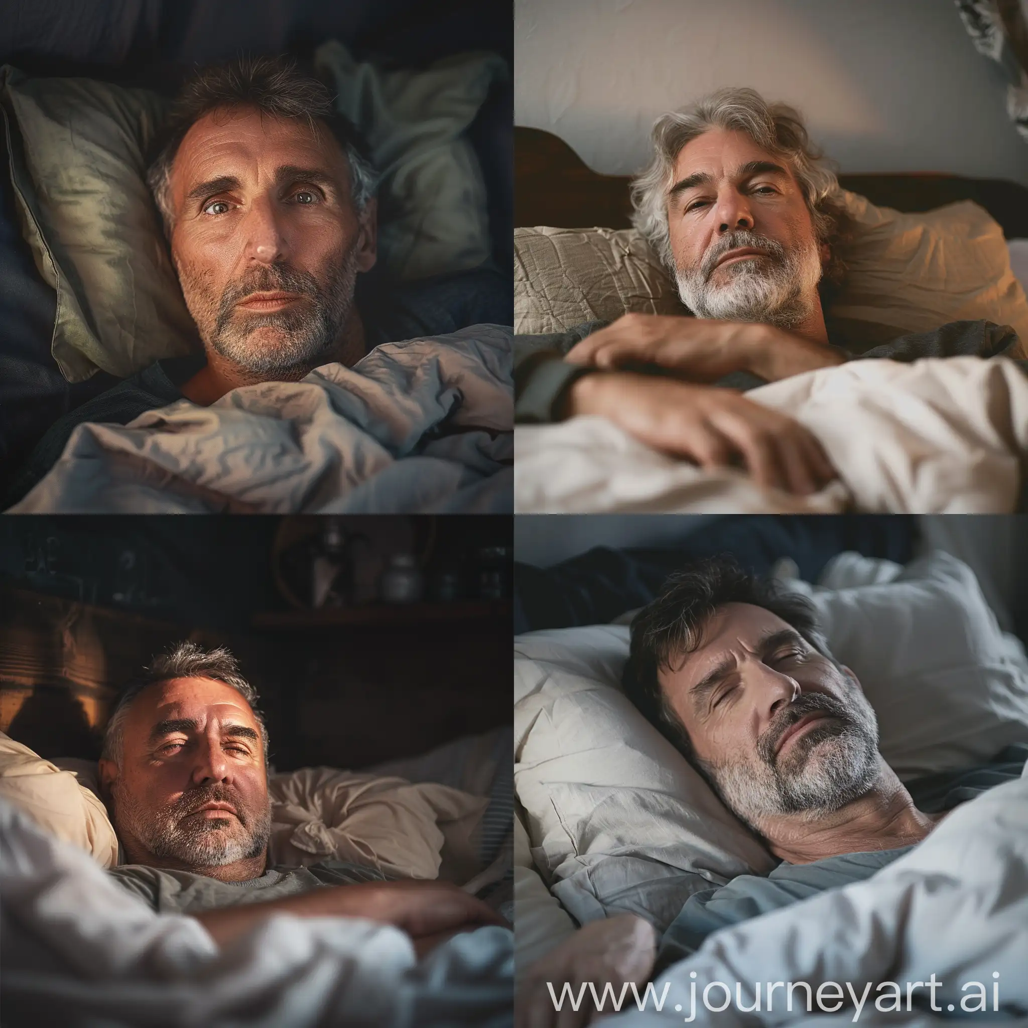 Real natural light photo of a middle aged man resting in bed.