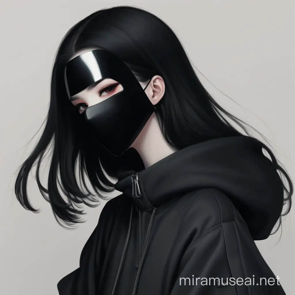 Girl with black hair, light pale skin and a dark outfit with oversized sleeves and a mask that covers only the face