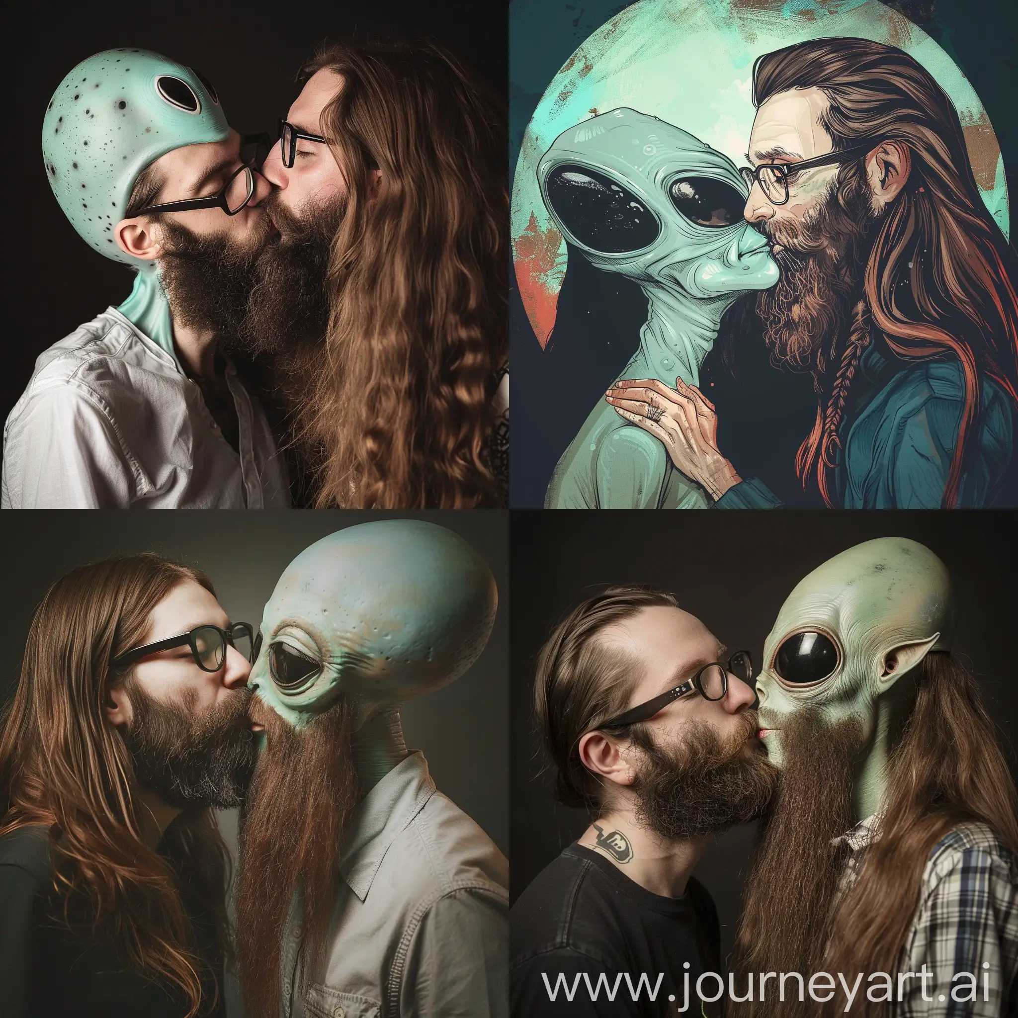 Affectionate-Encounter-LongHaired-Man-with-Brown-Beard-and-Glasses-Kissing-Alien