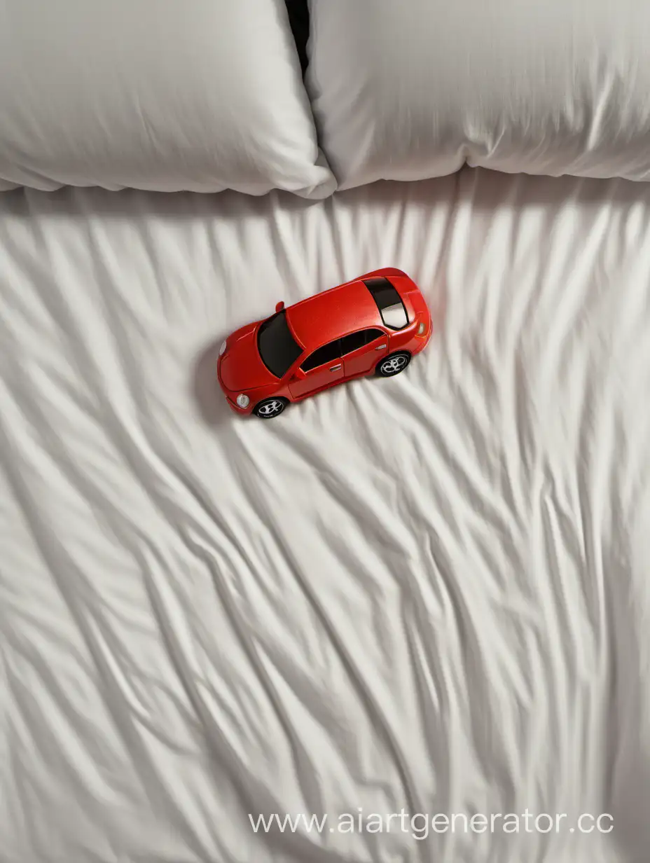 поверхность кровати, вид сверху. С правой стороны кровати, у самого ее края, лежит маленькая игрушечная машинка. 
