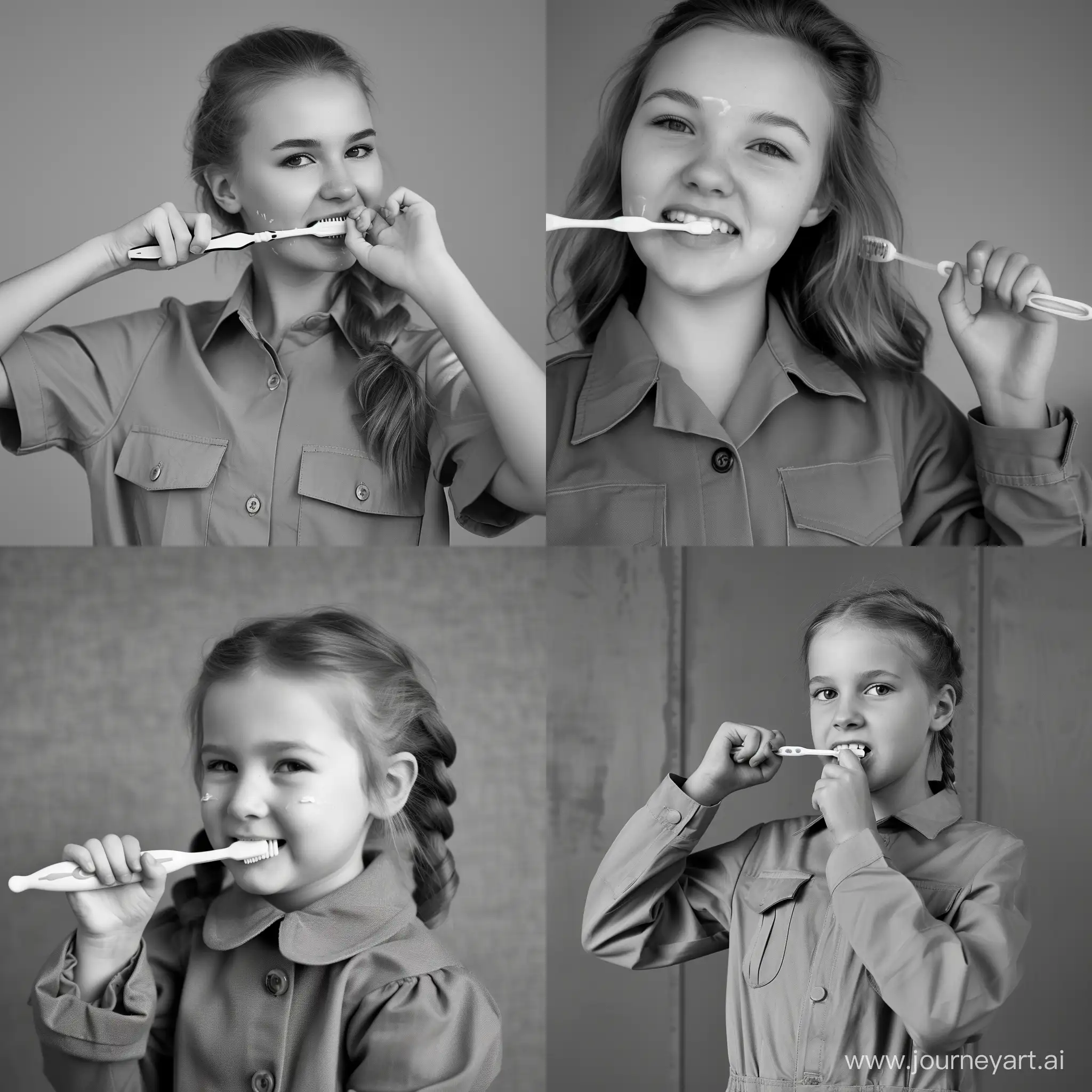 a cute beautiful girl brushing her teeth, black and white photo, gray uniform background