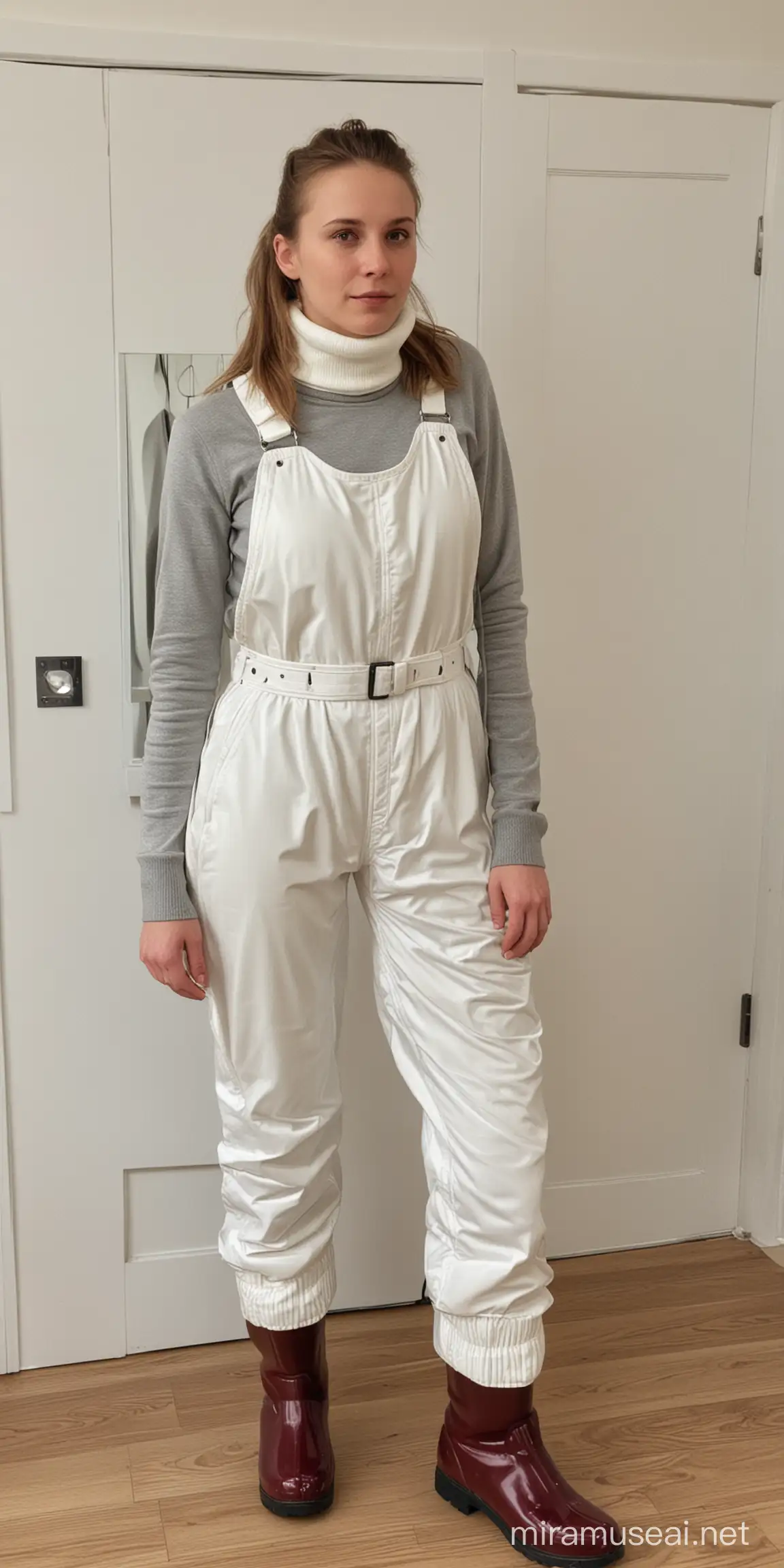 A teenage Swedish woman wearing a thin red turtleneck and is wearing a pair of white nylon ski bibs. The ski bibs are thick and insulated and have a satiny sheen. The bibs have a matching belt that is tightly cinched around the waist.

She is in a dressing room with a full length mirror. She is getting ready to go outside in the cold weather. She is sad and is crying.

She has a fade haircut.

She is wearing winter moonboots.