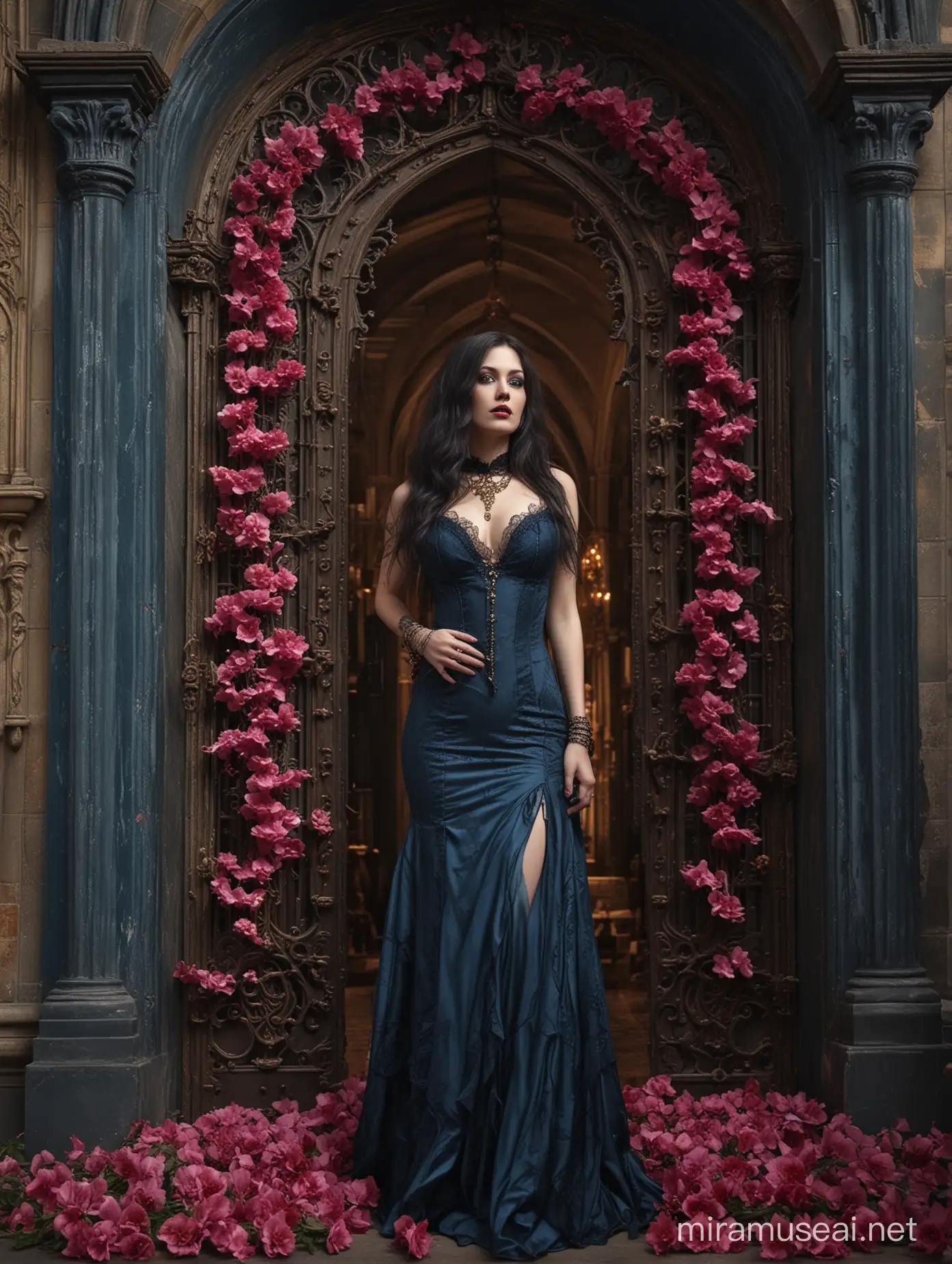 stunning nude Victorian Vampire woman, heavily made-up eyes, long dark messy hair, mouth open, hourglass figure, from profile, wearing choker necklace and expensive gold jewelry on hands and ankles, standing up on dark pink flowers, under a iron gothic church doors, undressed from an elegant long blue dress, hyper-realistic, mystical, dreadful, scary, eerie, gruesome allure.