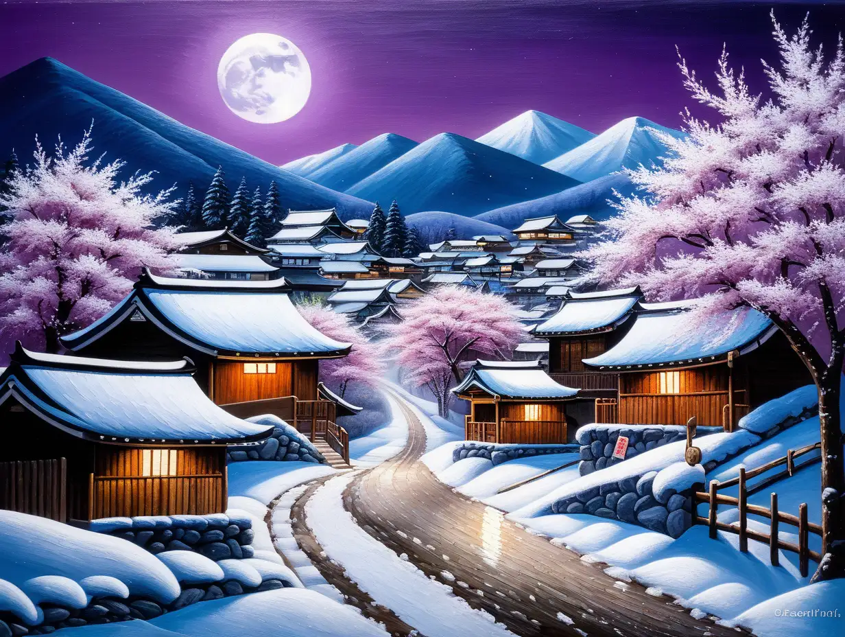 Acrylic Impasto painting of a beautiful winter night in a Japanese village. The village is nestled in a valley surrounded by snow-capped mountains. The trees are bare, except for a few cherry trees that are still in bloom. The villagers are gathered in the streets, enjoying the snow and the cherry blossoms. The full moon shines brightly overhead, casting a silvery glow over the village. Dreamlike imagery atmosphere, purple hues, abstract, minimalist, bokeh,3D brushstrokes