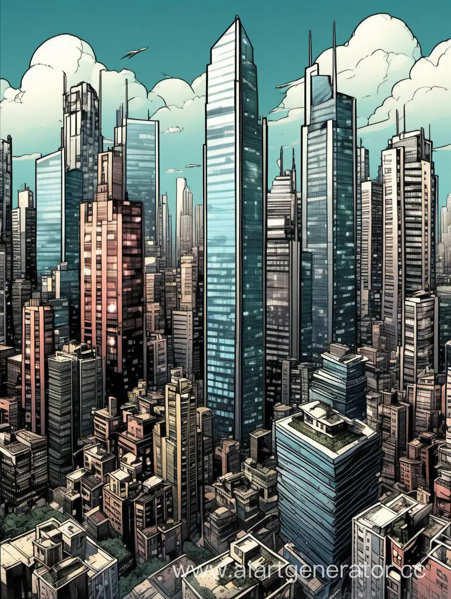 Современный город с небоскребами в стиле комикса