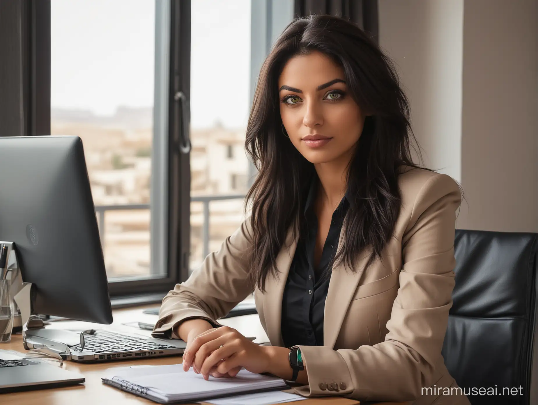 real photo, realism, only one brunette woman with emerald green eyes and black long hair, dark brown skin like the desert, arabic egyptian, 35 years old, office work clothes with a office jacket, working at one desk at home with one laptop, long hair, near the window, desk, home, modern living, sexy, sitting in an office chair