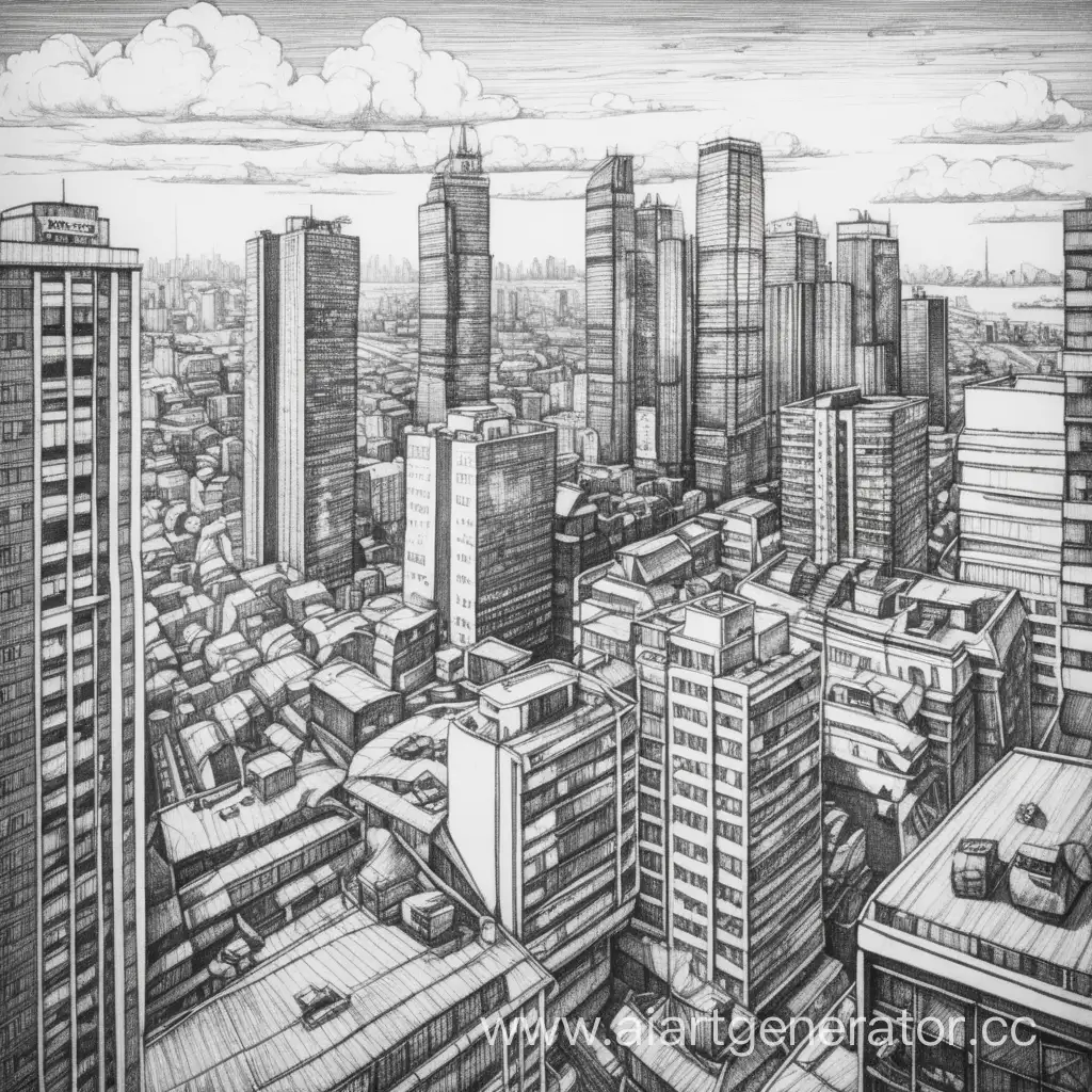 Вид с 10 этажа здания на современный город. Что-то между Токио и Москов по дизайну многоэтажек и небоскребов. В стиле нарисованного арта