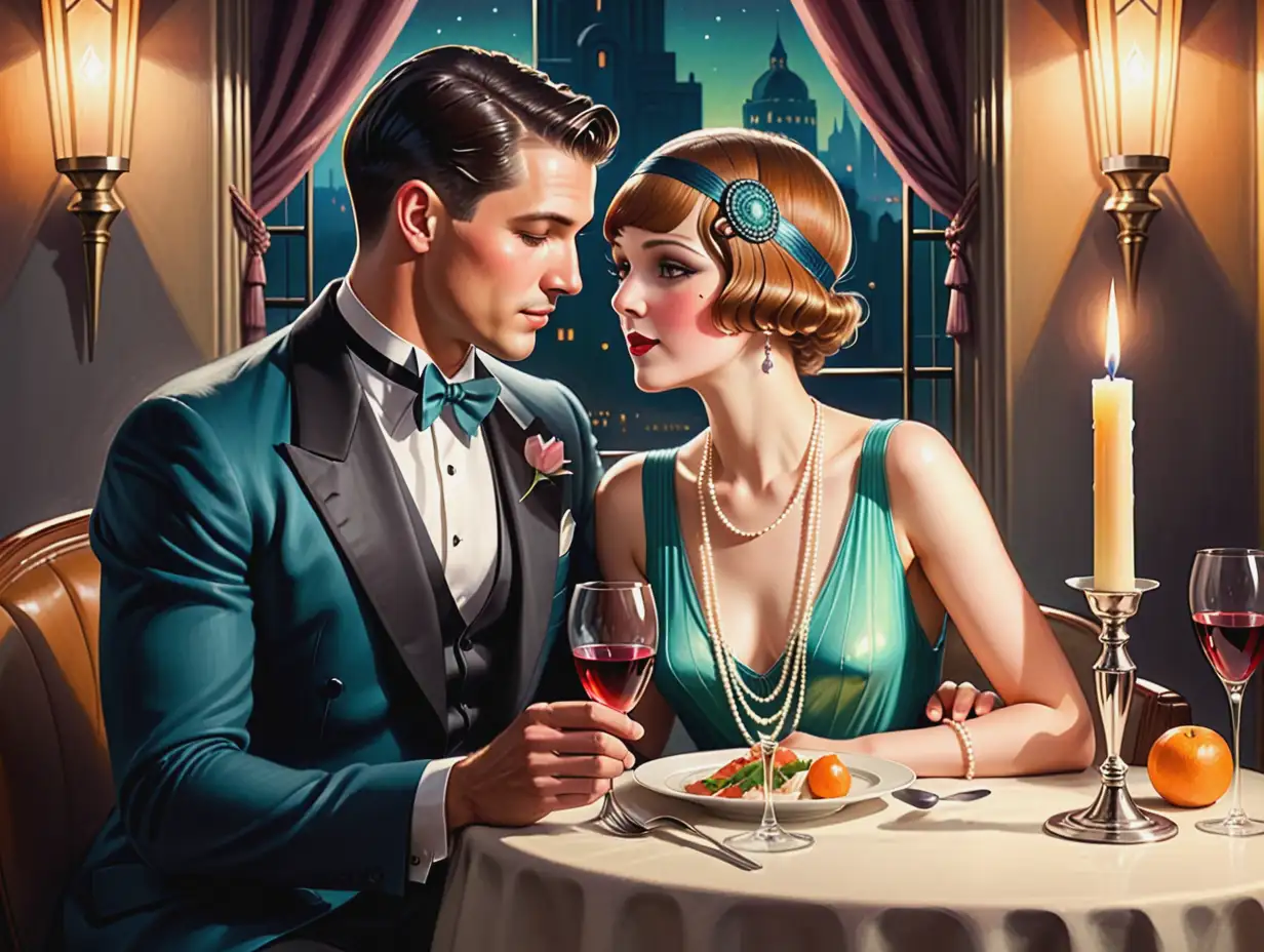 art deco man and flapper woman romantic candle light dinner painting