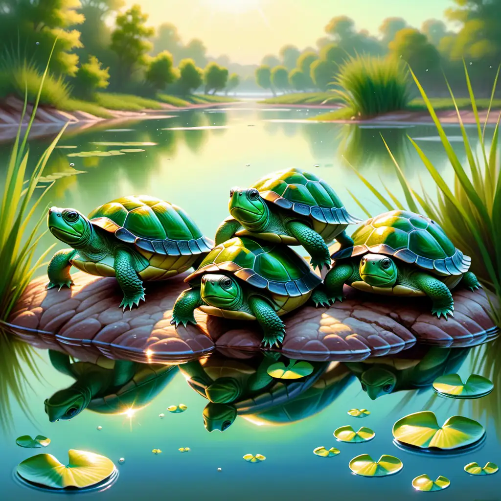  illustration,
Die ruhige Sumpfschildkrötenfamilie
sonnt sich entspannt am Ufer eines europäischen Teiches, ihre grünen Panzer glänzen im sanften Licht.

