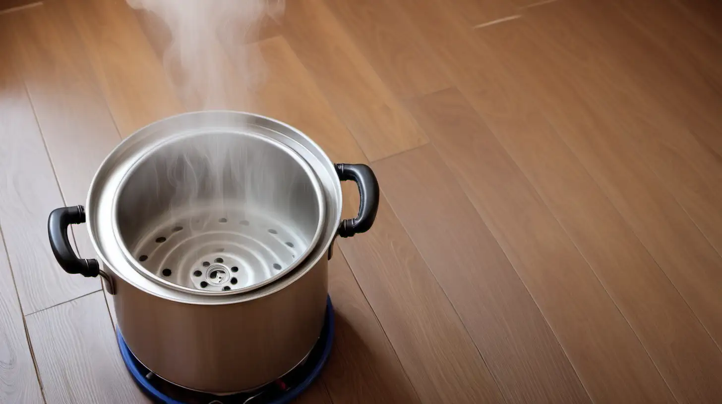 boiling water pot on wood floor. close op