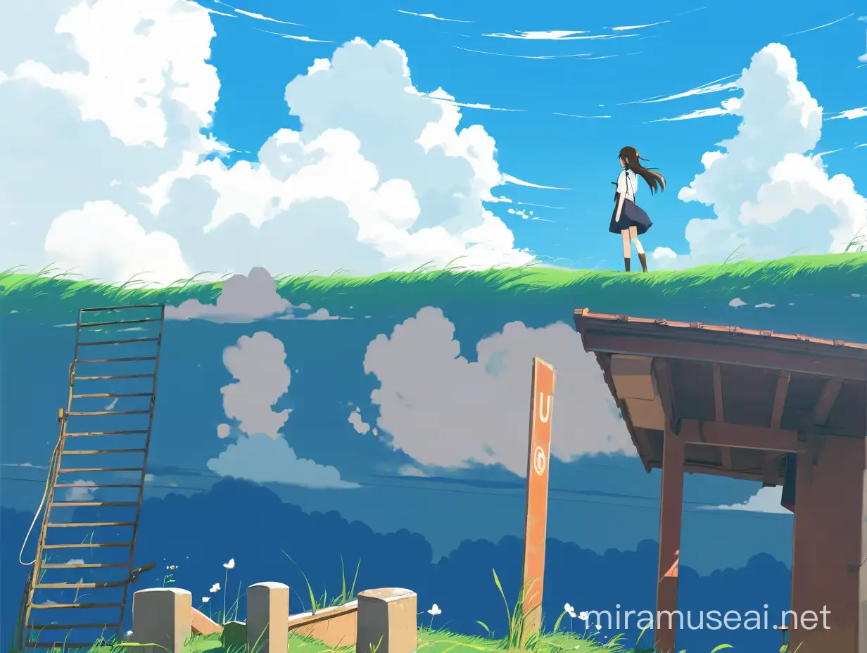 Girl Standing at Old Station Under Sunny Blue Sky in Anime Artistic Illustration