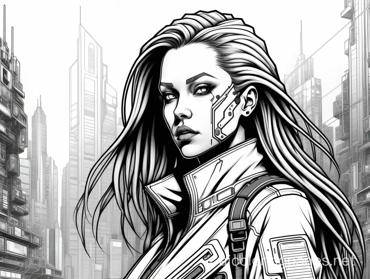 highly detailed photo realistic portrait of a cyberpunk female with long flowing hair a jacket with collar and technical upgrades in a futuristic city, Coloring Page, black and white, line art, white background, Simplicity, Ample White Space. The background of the coloring page is plain white to make it easy for young children to color within the lines. The outlines of all the subjects are easy to distinguish, making it simple for kids to color without too much difficulty