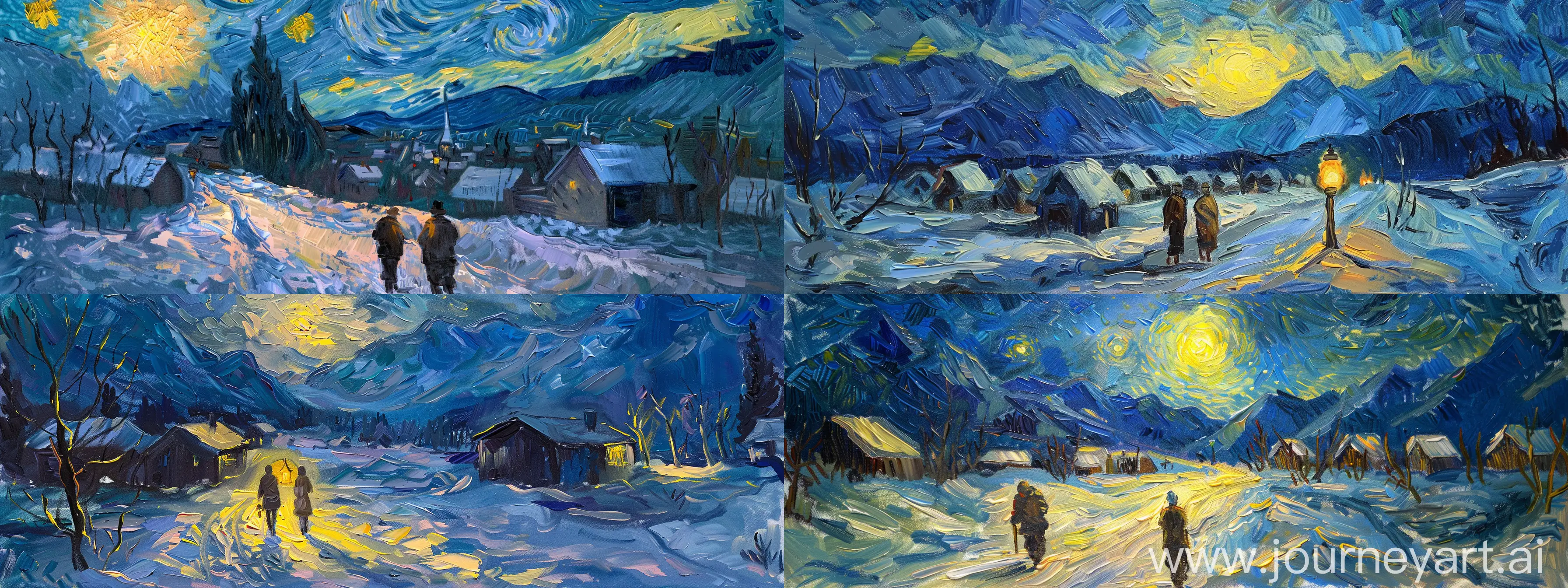 oil painting depicts a nocturnal winter scene with two figures walking down a path illuminated by a strong yellow lantern light. The composition features a snowy landscape with small houses in the middle ground and mountains in the background. The painting captures the coldness and beauty of the winter environment with dynamic colors and textures, reminiscent of the Post-Impressionist style in van gogh style --ar 16:6