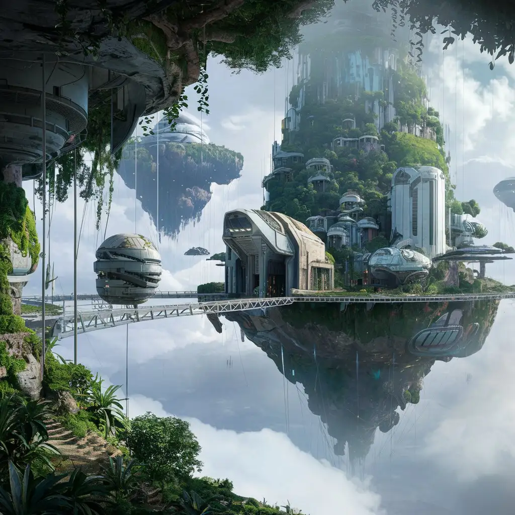 Floating island city with greenery among the clouds