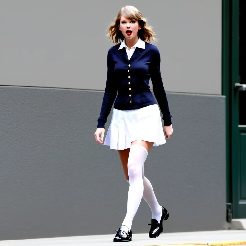 Taylor swift in secretary uniform with white stockings patent horsebit loafers 