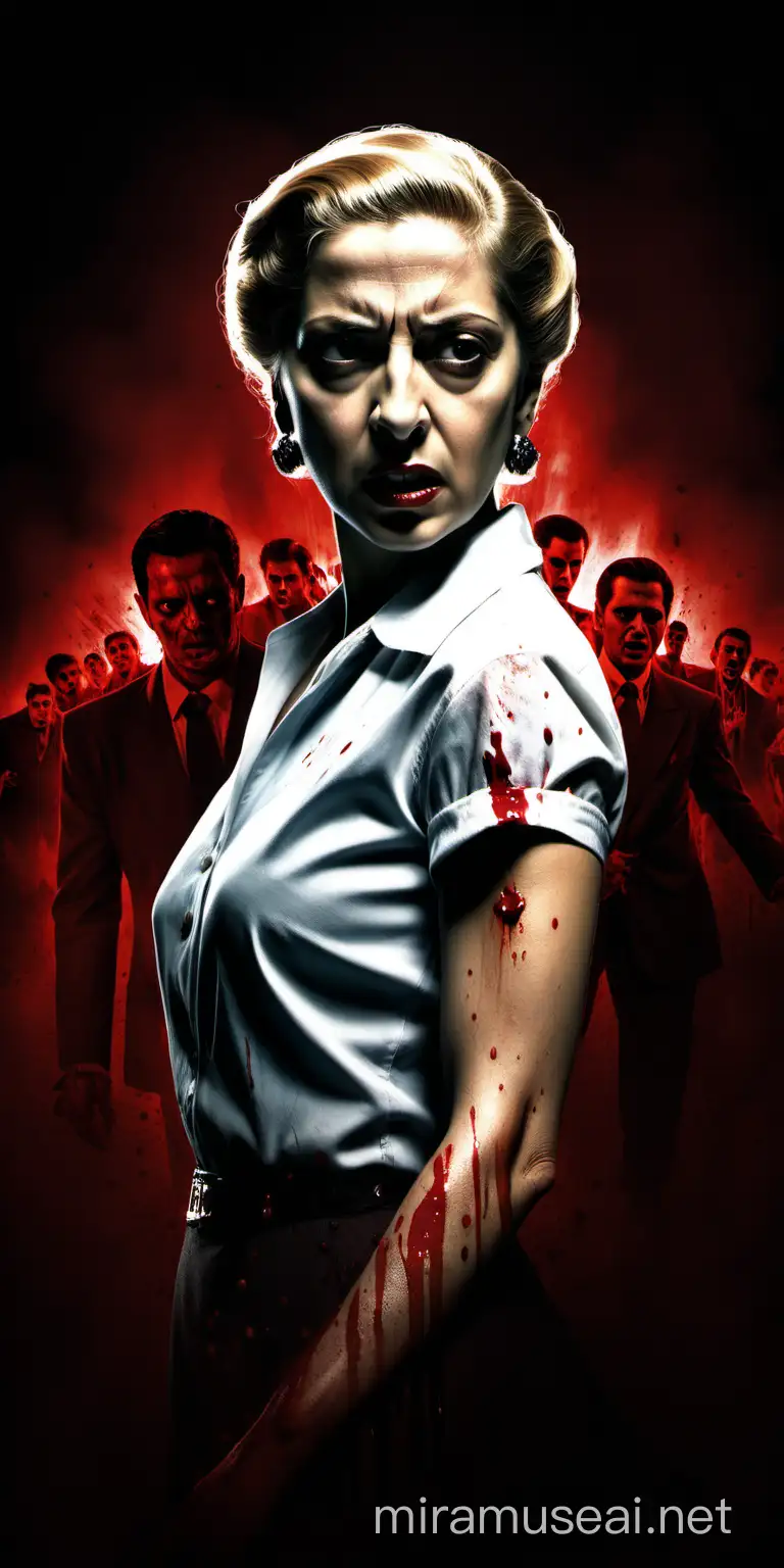 digital image of Evita Peron, menacing expression, blood on her clothes, staring at the viewer, sinister aura, thriller movie-like lighting, cinematic feel, movie poster