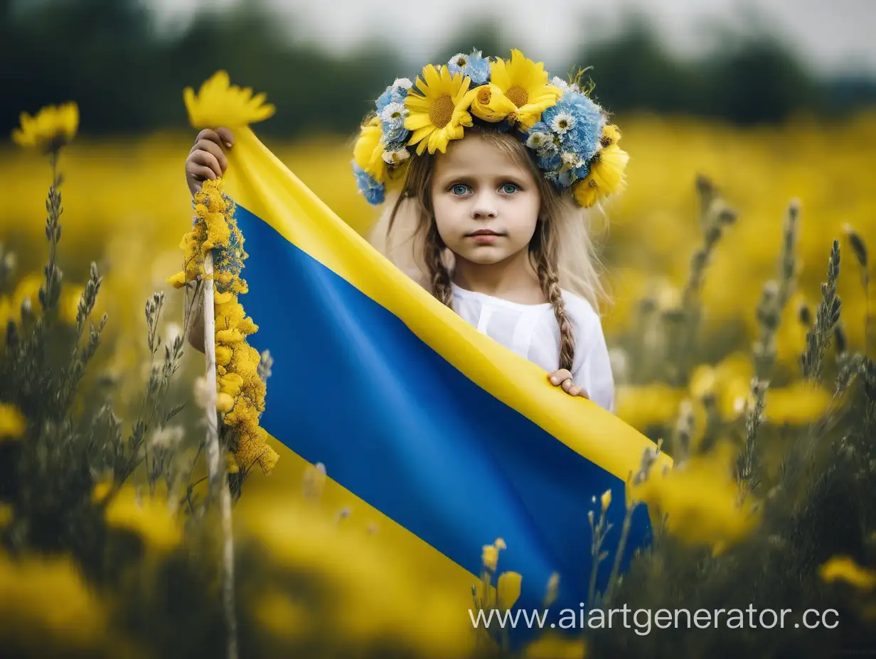 Ukrainian little girl with flowers in her hair holding the Ukrainian flag