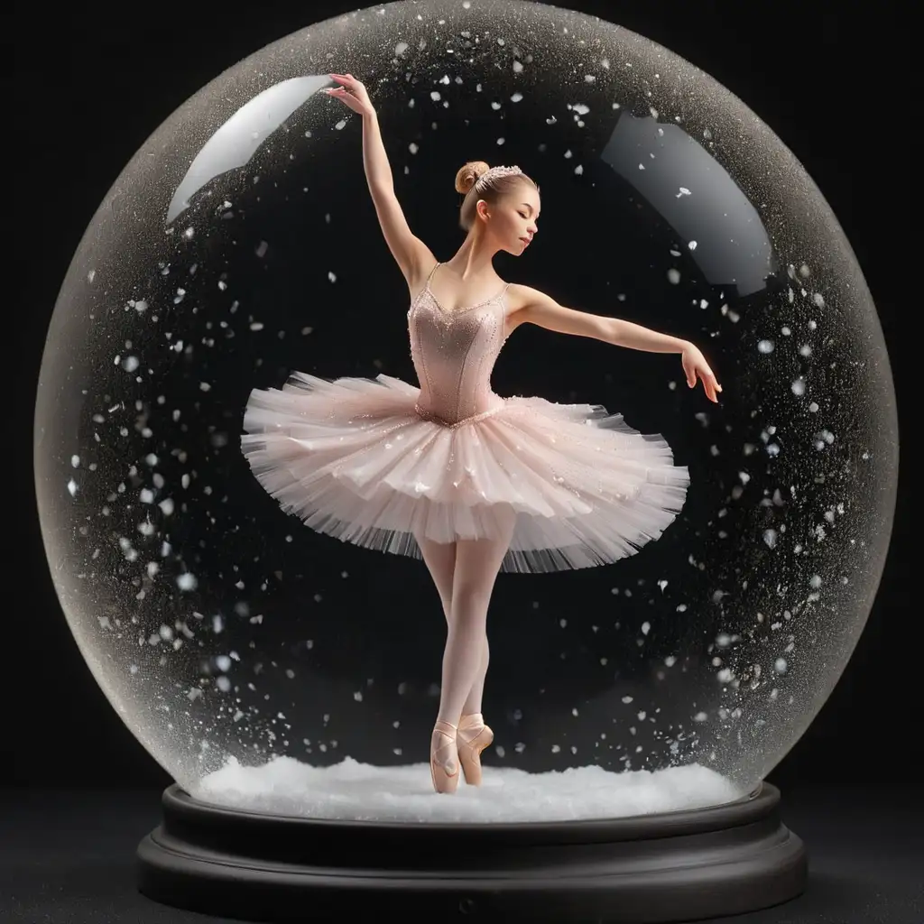 Elegant Ballerina Dancing in Glass Snow Globe on Black Background