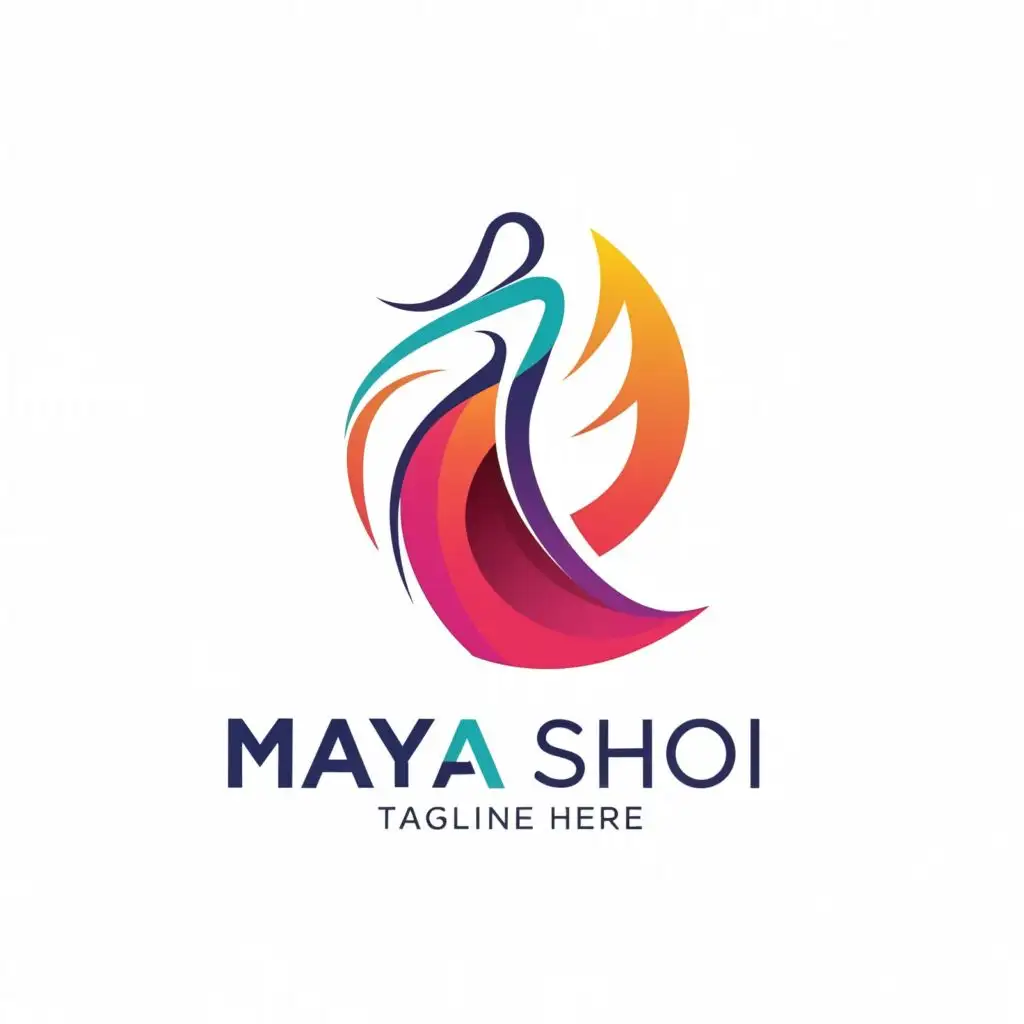 a logo design,with the text "maya shoi", main symbol:abstract woman in saree containing vibrant colors,Minimalistic,clear background