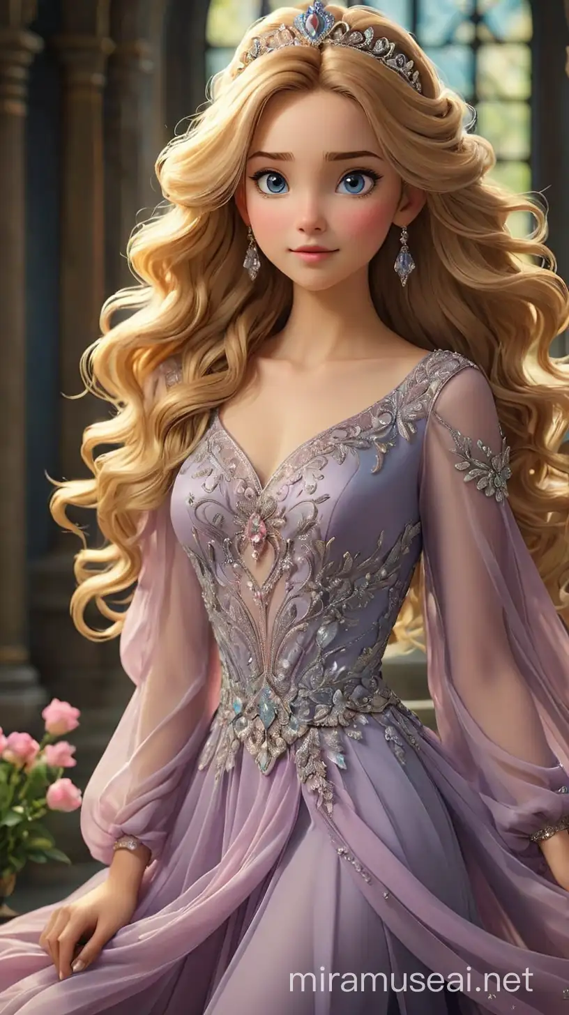 A Teenage Girl With Ethereal Beauty With Flowing Golden Hair That Cascades In Loose Waves Down Her Back, Reminiscent of the Sunlight That Once Awakened Aurora. Her Eyes Sparkle With the Same Enchanting Blue of The Fairy-Tale Skies, Framed By Long Lashes That Flutter Like Delicate Wings. With a Regal Bearing and Grace That Mirrors Her Royal Lineage, She Possesses An Aura of Elegance That Captivates All Who Behold Her. Her Attire Reflects Her Royal Heritage Blended With A Modern Twist, Showcasing Her Individual Style and Confidence. She Wears A Flowing Gown Crafted From The Finest Fabrics, Adorned With Intricate Embroidery That Tells The Tale of Her Family's Legacy. The Dress Features Hues of Soft Pink and Lavender, Reminiscent of The Colors of Dawn and Dusk, Symbolizing The Harmony Between Her Parents' Kingdoms. Completing Her Ensemble Are Delicate Accessories, Including A Tiara Adorned With Shimmering Gems and A Pair of Elegant Heels That Elevate Her Stature, Embodying Her Status As A Princess Destined For Greatness.