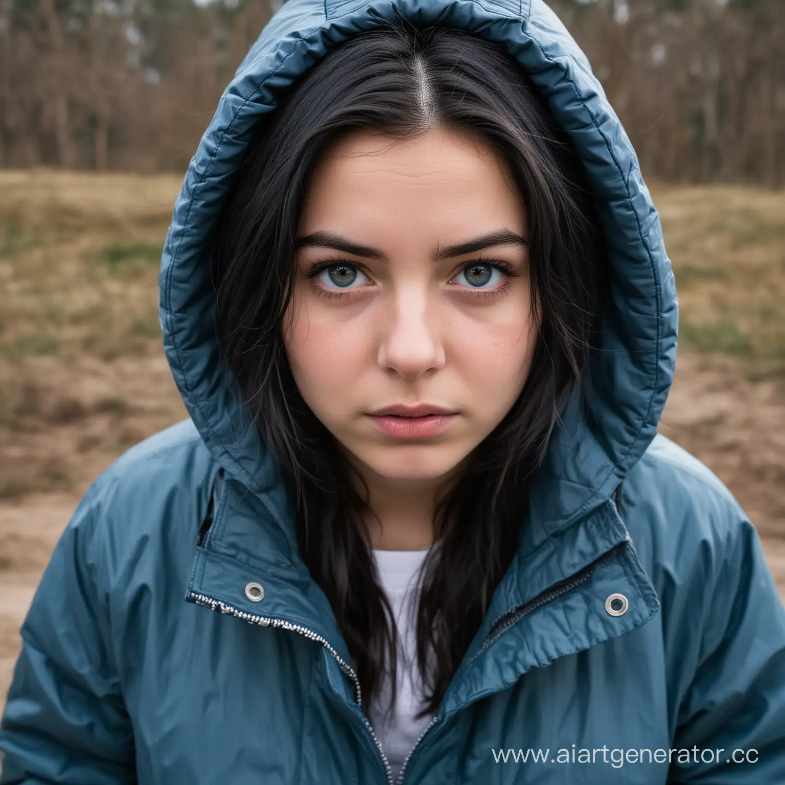 A girl in a blue parka and dark hair with a stern expression on her face