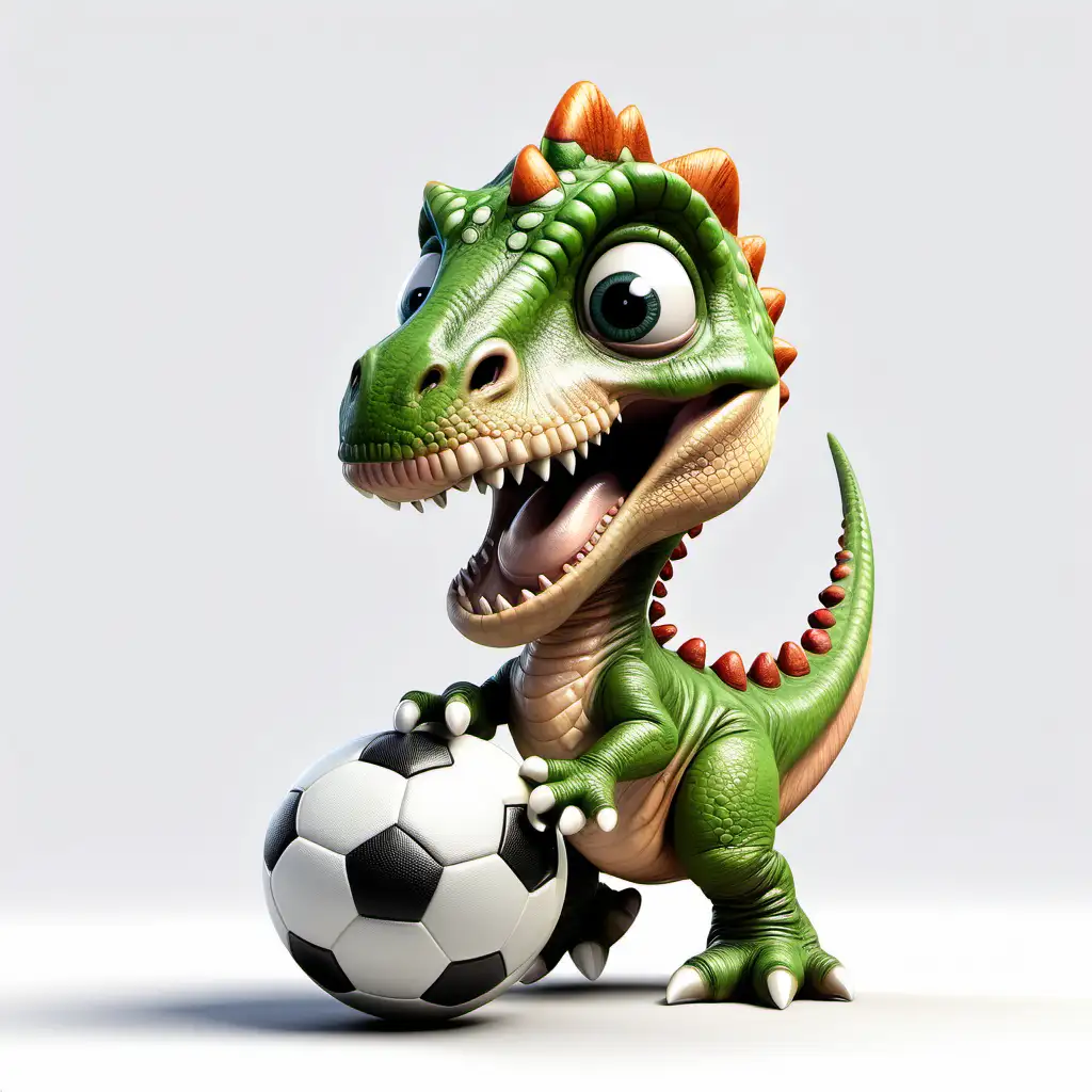 Playful Baby Dino Caricature Engaged in Football Fun on a White Background