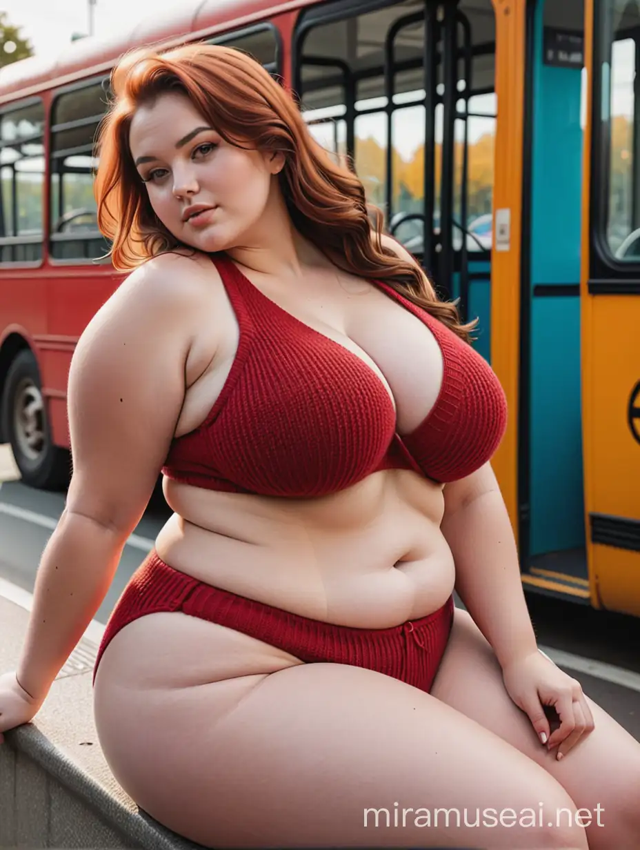 curvy plus-size woman with huge round soft outsize boobs, wearing only a thick red wool-knit bikini, sitting at a bus stop