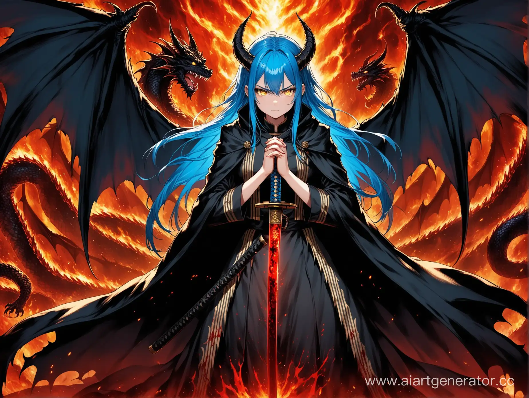 Mystical-BlueHaired-Girl-with-Dragon-Wings-and-BloodStained-Katana-in-Hell