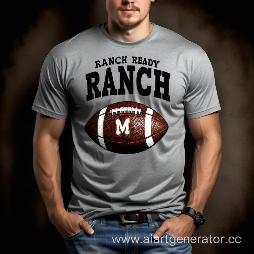 "Ranch Ready Football" with cowboy gear meshed with football in the t-shirt design, high-quality picture