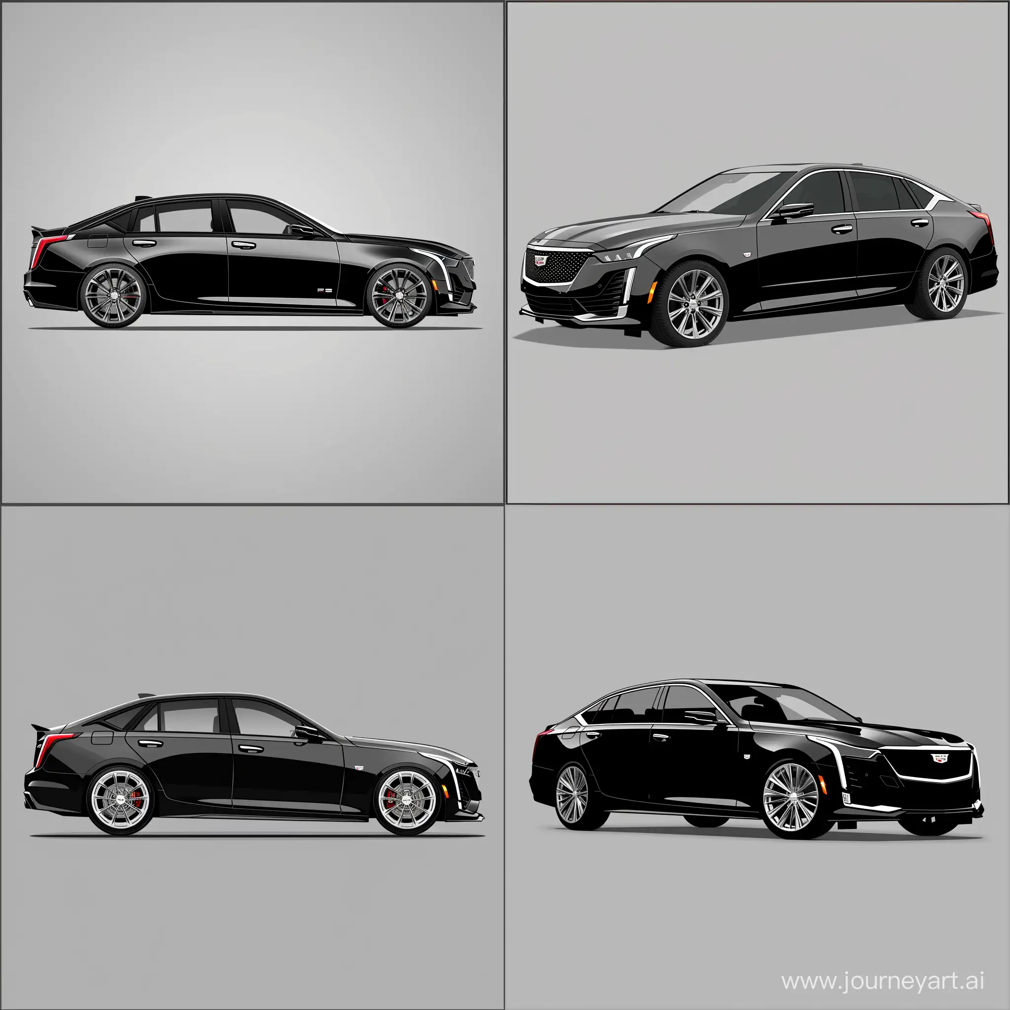 Cadillac CT5 : Black Body Color, Silver Rims - Simple Gray Background - Car 2/3 View - Minimalism 2D Illustration - Adobe Illustrator Software - High Precision