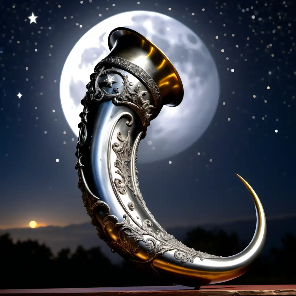 Mystical Drinking Horn with Glowing Silver Specks Under Starry Night Sky