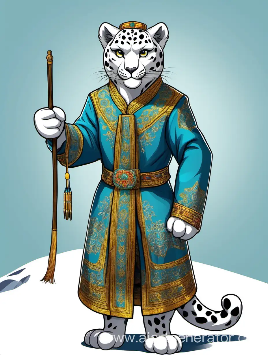 Cartoon-Snow-Leopard-Wearing-Traditional-Kazakh-Clothing