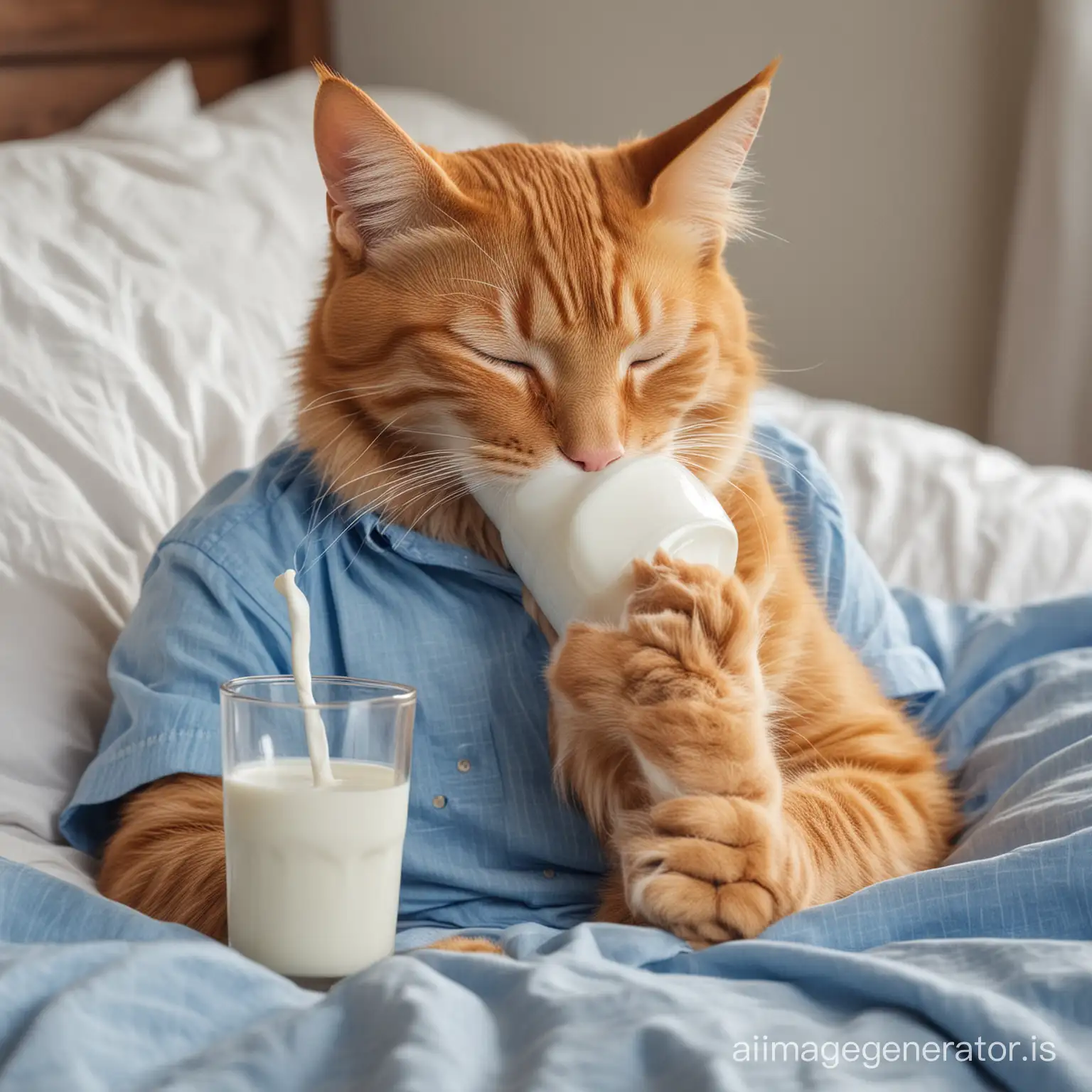 Draw a picture of an orange cat wearing a blue shirt drinking milk while sleeping on the bed