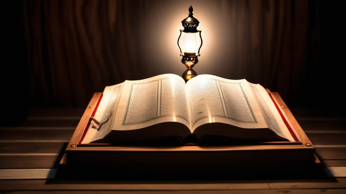 An open Quran on a wooden stand with soft light illuminating the page, representing the pursuit of knowledge.