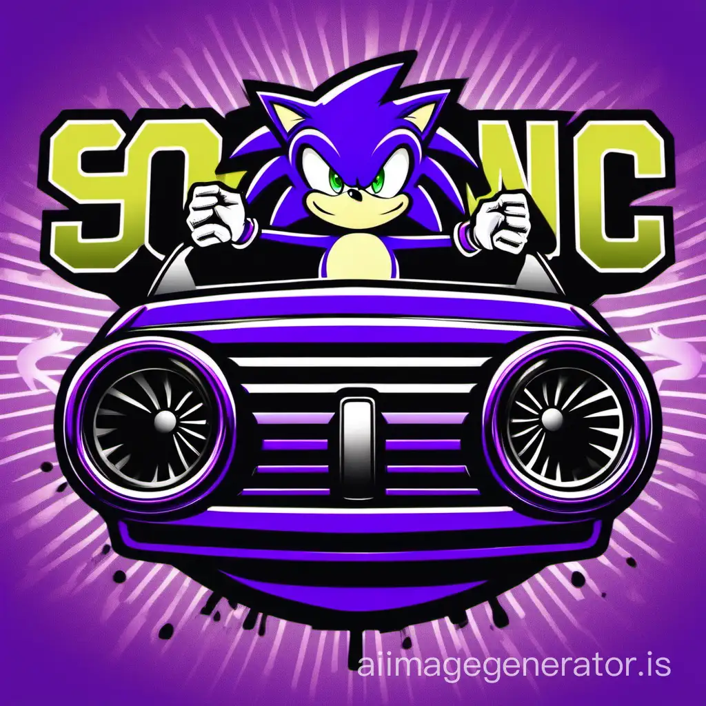 Please draw a logo for the car audio store. It is a stylized image of a sonic monster, symbolizing powerful sound and energy. The sound monster is depicted in a dynamic pose, with huge speakers instead of ears and a toothy grin to create an association with powerful sound. The background of the logo is in the colors purple, white and their shades to reflect joy and energy. The font is concise and modern to emphasize the professionalism and quality of the goods