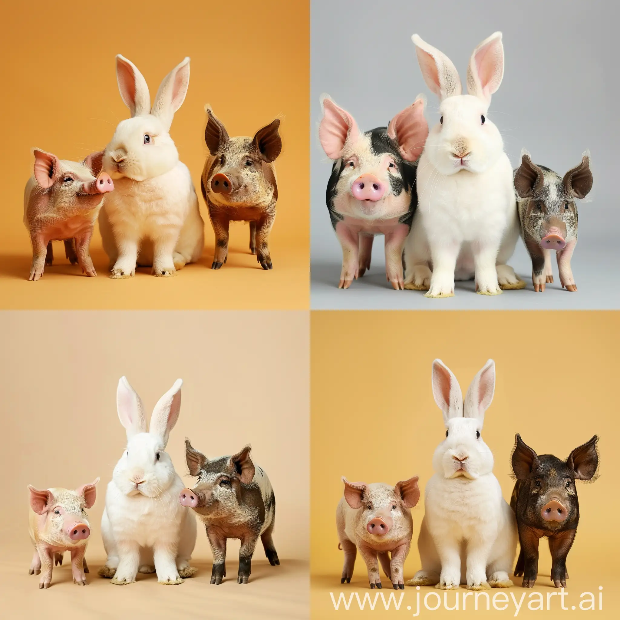 Adorable-White-Rabbit-with-Playful-Pink-and-Brown-Pigs