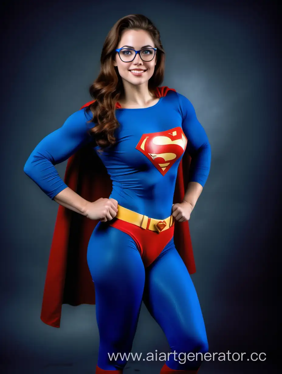A pretty woman with brown hair, age 21. Glasses. She is happy. ((She is Extremely Muscular)). Powerful. Strong. Mighty.
She is wearing a Superman costume, blue sleeves, blue leggings.
Photo studio. Superman The Movie.