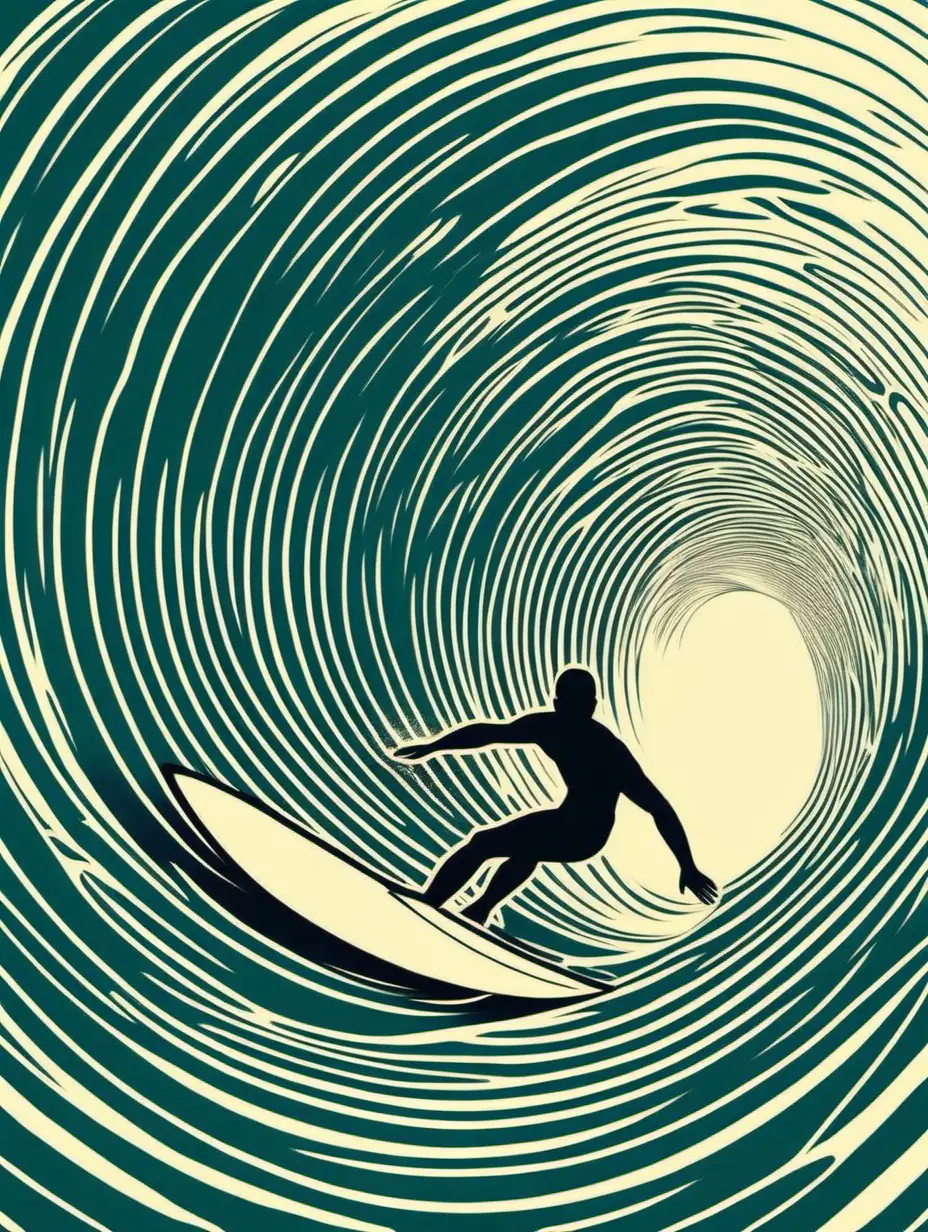 a surfer riding a wave in the wave tunnel, minimalistic, 3 colors only. illustration